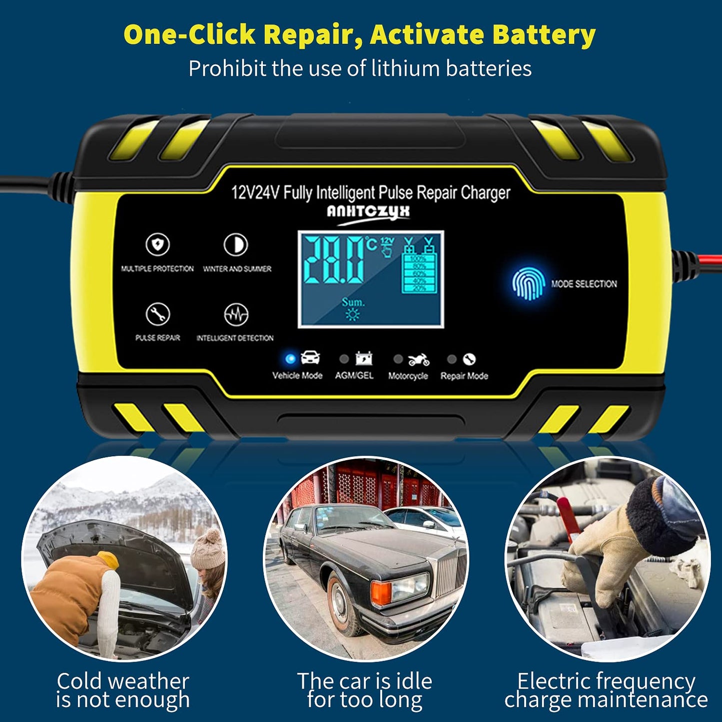Cargador de Batería Coche Moto, 24V/4A 12V/8A Automático Inteligente Cargador de Batería con LCD Pantalla, Cargador de Reparación de Pulso para Automóviles,Motocicletas,ATVs,RVs,Barco,Excavador,Camión