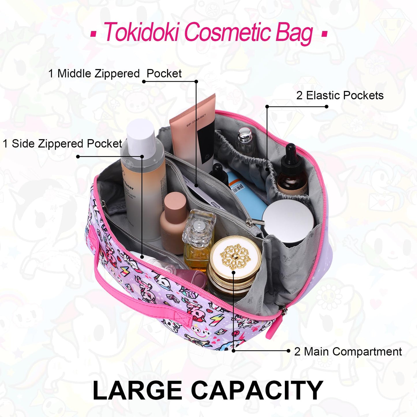 Tokidoki Unicorno - Bolsa de maquillaje de viaje para mujer, bolsa de cosméticos compacta y portátil, con divisor y asa, Rosa, Moda