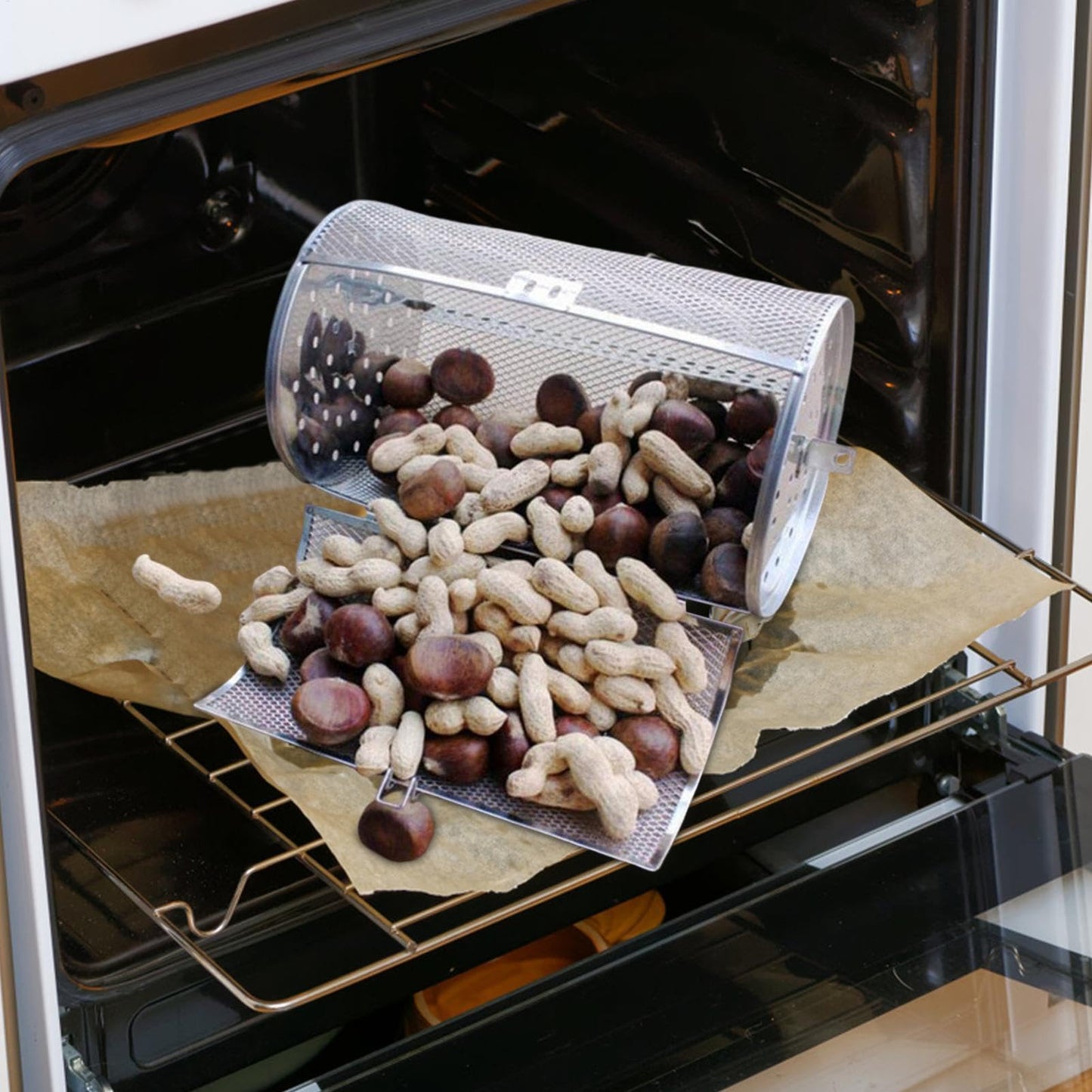 Cesta giratoria de acero inoxidable para horno de tambor | Cesta multifuncional para asar al horno, hornear, hornear, cacahuetes, nueces secas, granos de café, barbacoa