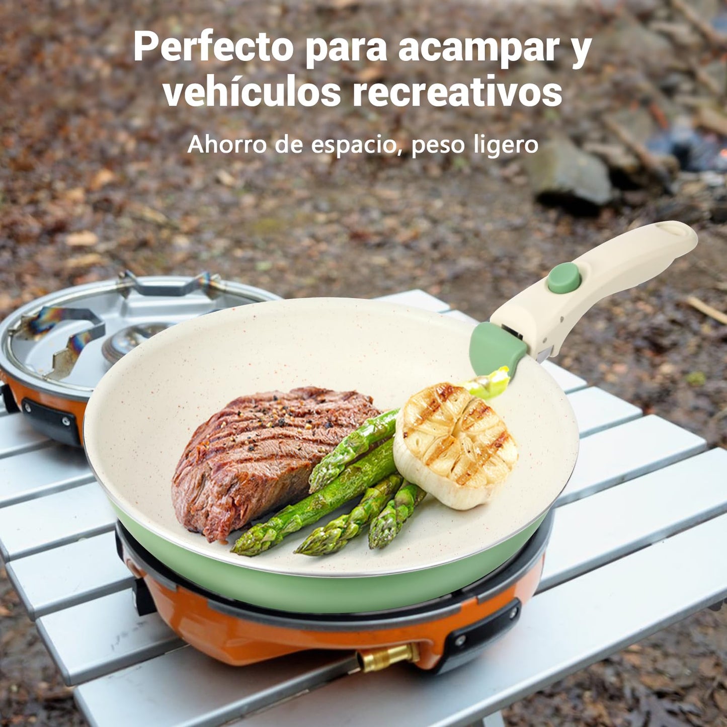 M MELENTA Juego de 8 ollas y sartenes antiadherentes con mango desmontable, bateria de cocina antiadherente de granito de inducción, apto para horno, color verde salvia