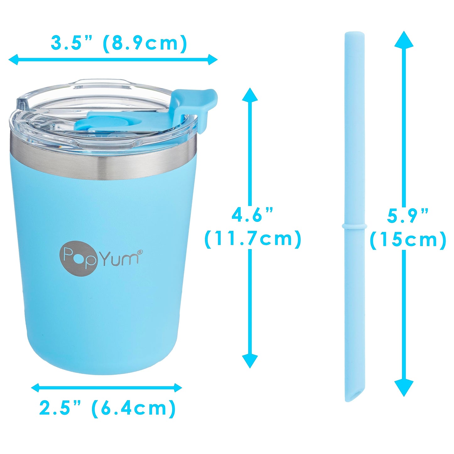 PopYum Vasos Térmicos de Acero Inoxidable de 9 onzas con tapa y popote, Paquete de 2, anti derrame, apilables, para bebés y niños pequeños, de triple pared y sin BPA. Azul y Verde