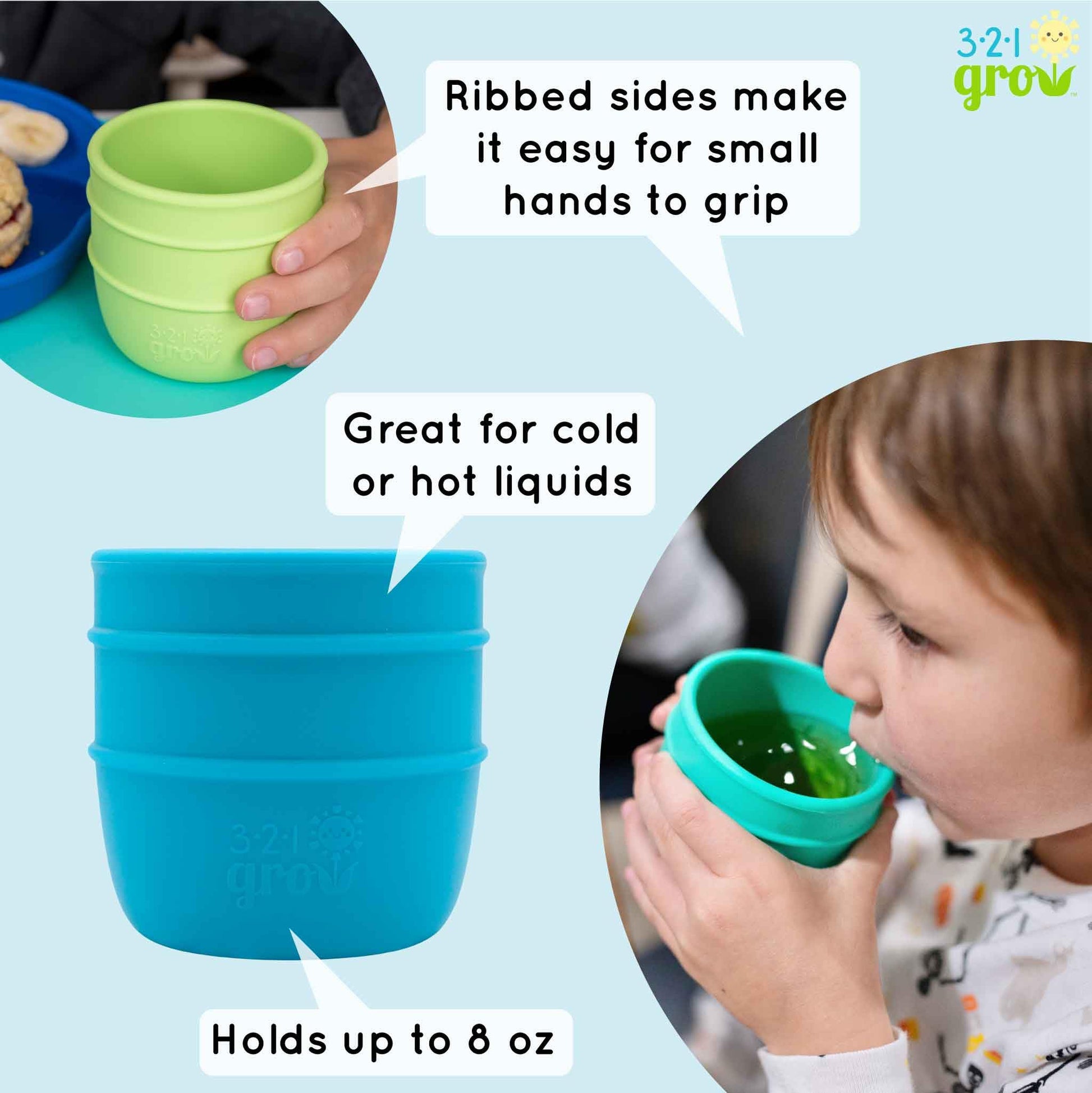 321 Grow • Juego de tazas Drink with Me • Taza abierta de silicona para bebés, niños pequeños • 6 meses • 8 onzas • Apto para lavaplatos y microondas • Juego de 2 tazas (sandía)