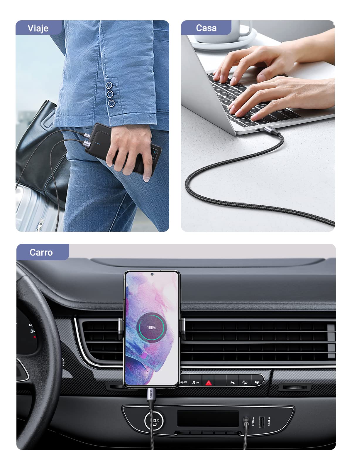Cable USB C UGREEN Negro Trenza de Nailon Carga Rápida 3A 0.5M