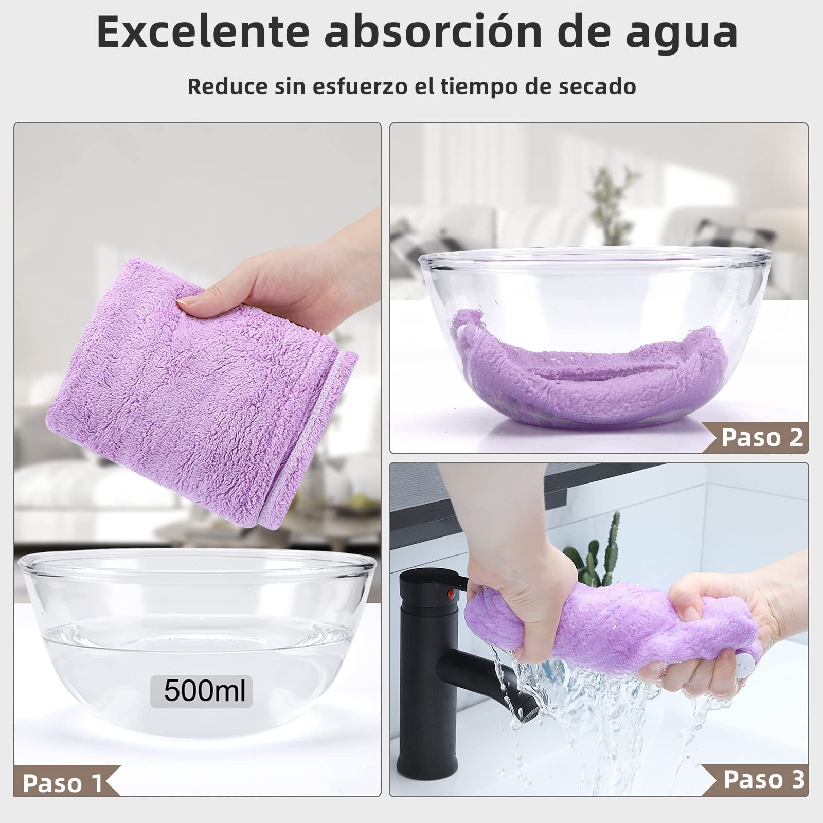 Toalla Microfibra para Cabello 3 Pack, Toalla de Cabello Seco con Botones, Gorro de Baño Ultra Absorbente de Agua, Secado de Pelo Súper Rápido, Turbante Suave Anti-Frizz para Mujer (Viole Gris Azul)