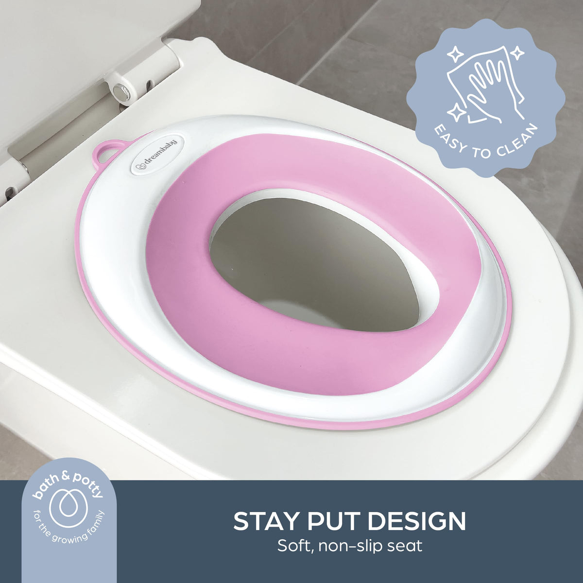 Dreambaby Asiento Entrenador para Baño Infantil, Adaptador de Inodoro Antideslizante y Suave, Portátil, Tamaño Estándar, Blanco con Rosa