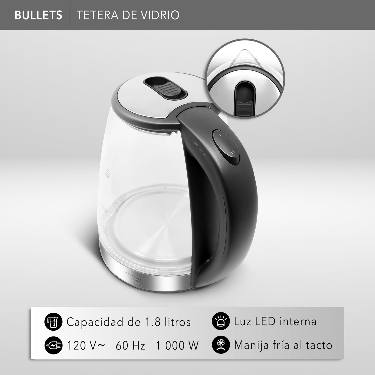 Tetera Eléctrica RCA Vidrio LED 1.8L con Apagado Automático y Protecciones.
