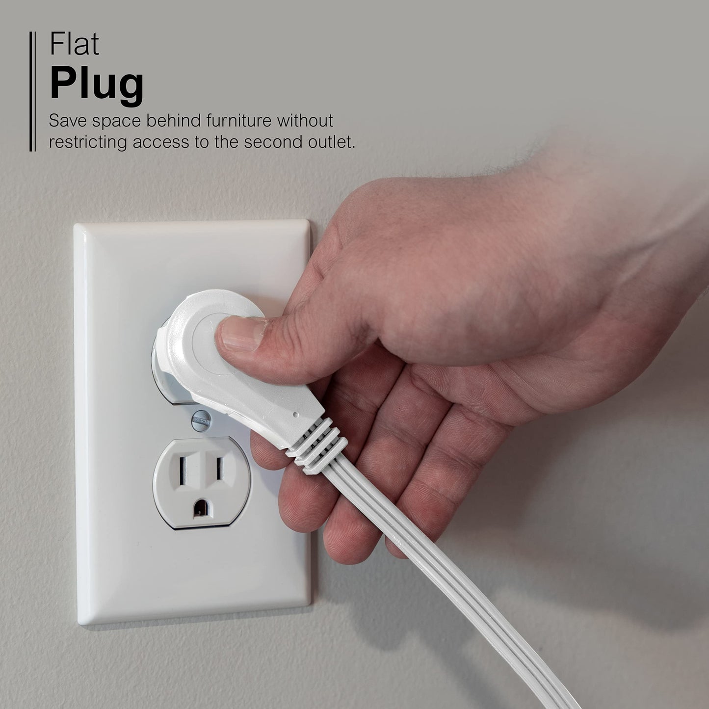GE 69869 - Cable de extensión Plano de 3 tomacorrientes con múltiples tomacorrientes, Extensor de Salida de 3 Puntas, Enchufe Plano, Calibre 16 para Interiores, certificación UL, Blanco