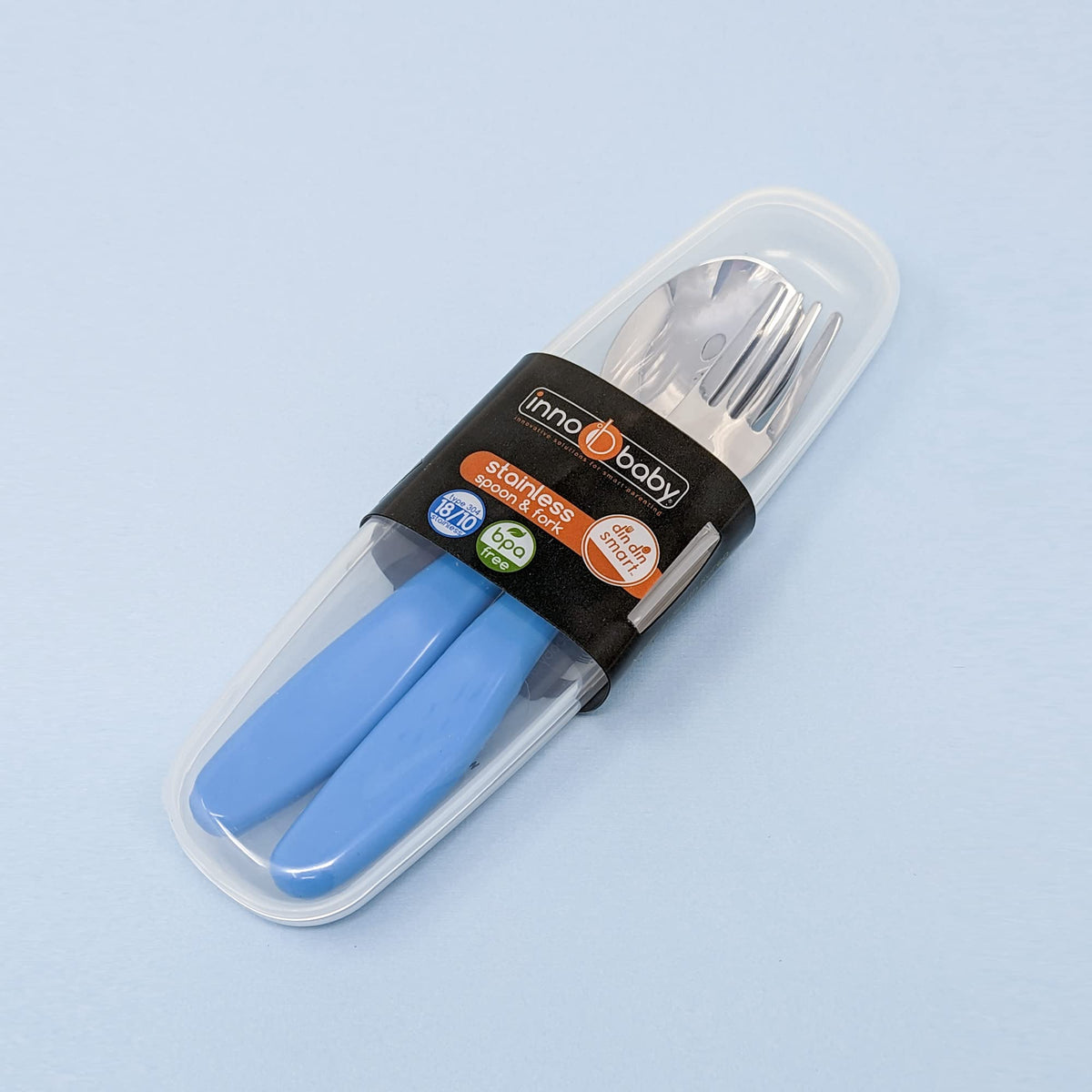 Innobaby Din Din Smart EZ Grip Cuchara y tenedor con funda de transporte, juego de utensilios para niños y niños, sin BPA (azul)