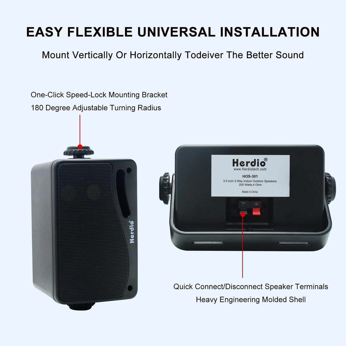 Herdio 3.5 Pulgadas Bocinas para Exterior,200W Altavoces para Exteriores, Resistente al Agua, Adecuado para el hogar, Patio, Terraza,Patio Trasero (2 Altavoces,Negros)