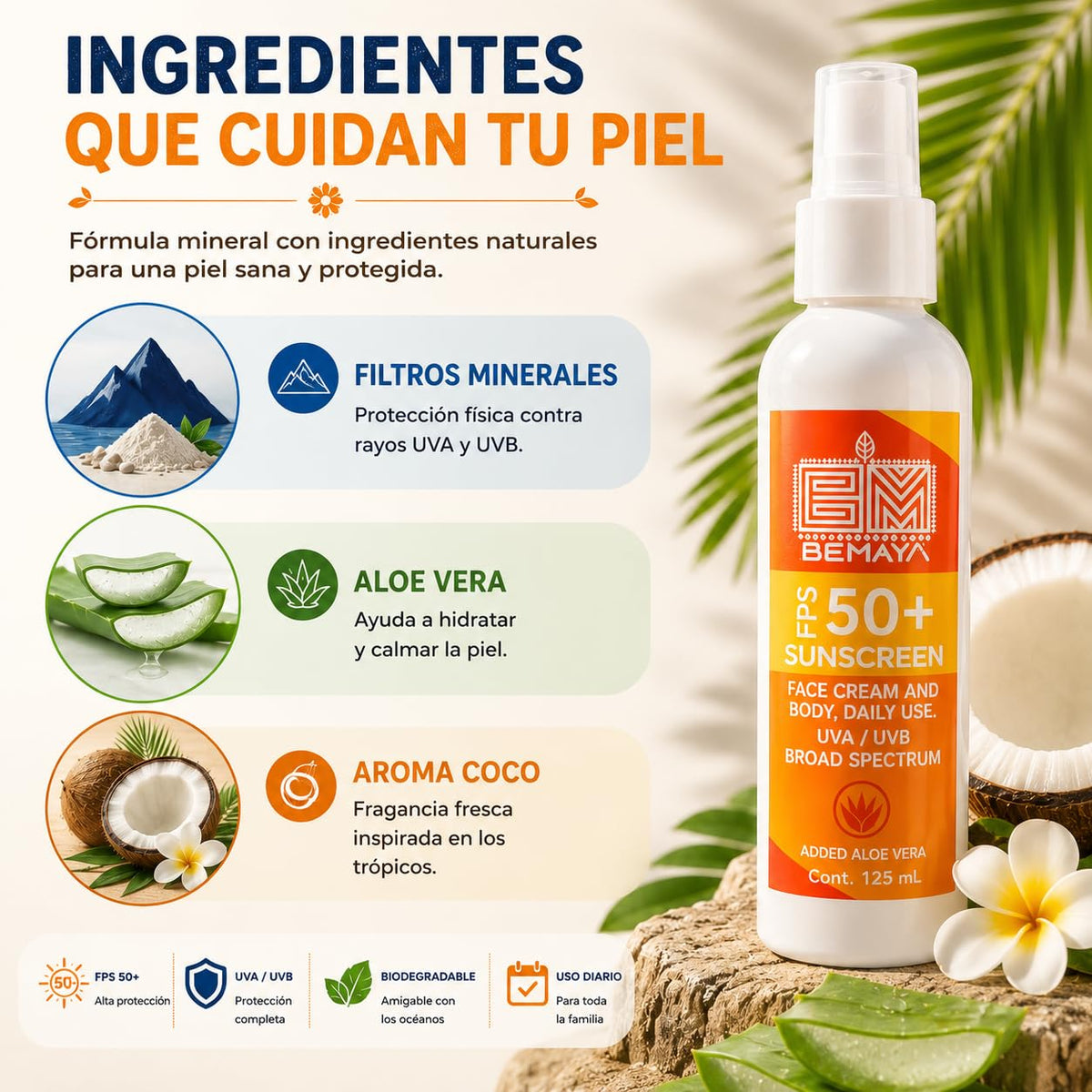 Bemaya Protector Solar Mineral Coco FPS 50+ | Bloqueador Corporal UVA/UVB | Biodegradable | 125 ml