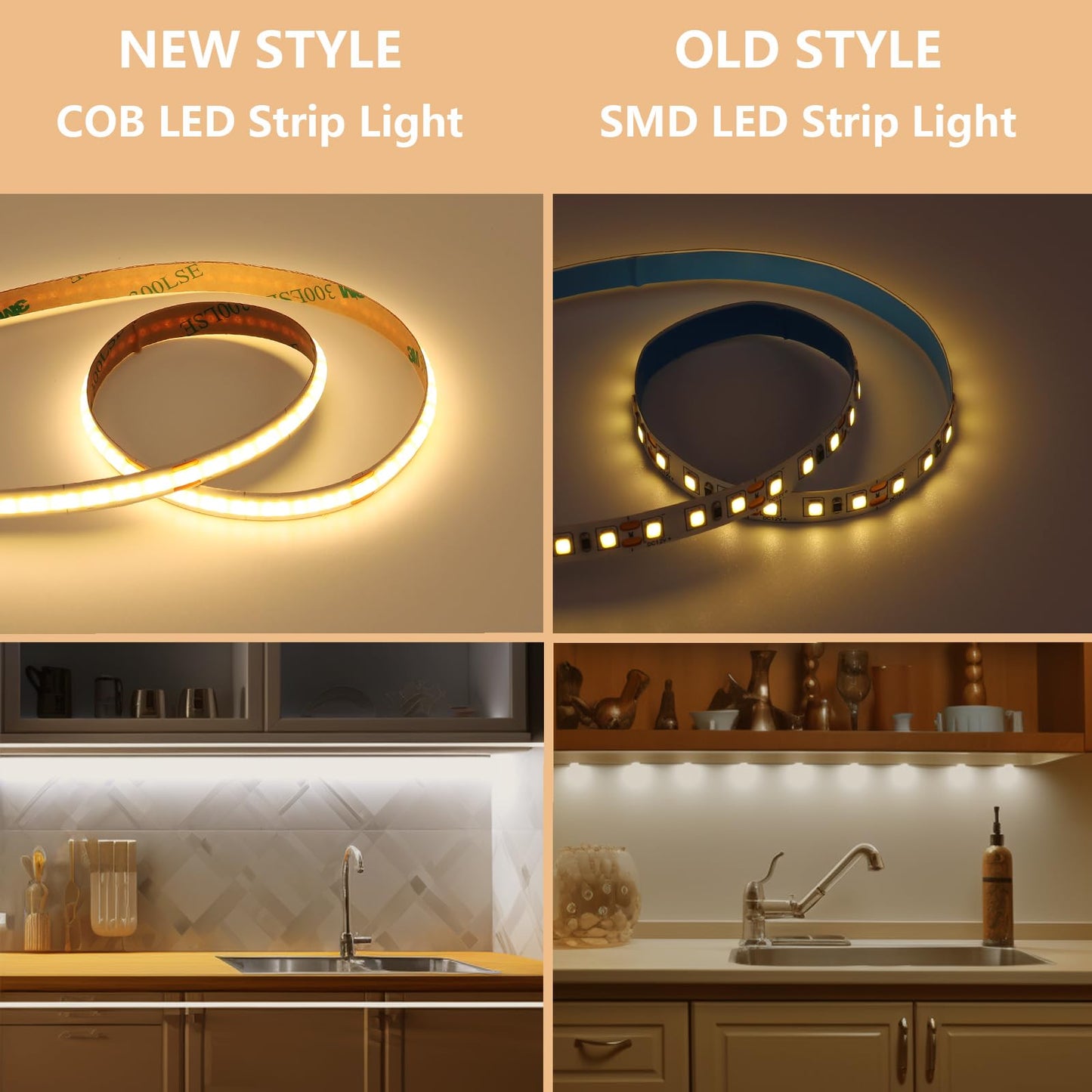 BENLUN 12V Tira LED COB Bajo Mueble Cocina Kit 10 Metri, Luz LED 3000K Blanco Cálido, Luces LED Adhesivas Recortable, con Dimmer y Fuente de Alimentación para Vitrina, Armario, Estanteria
