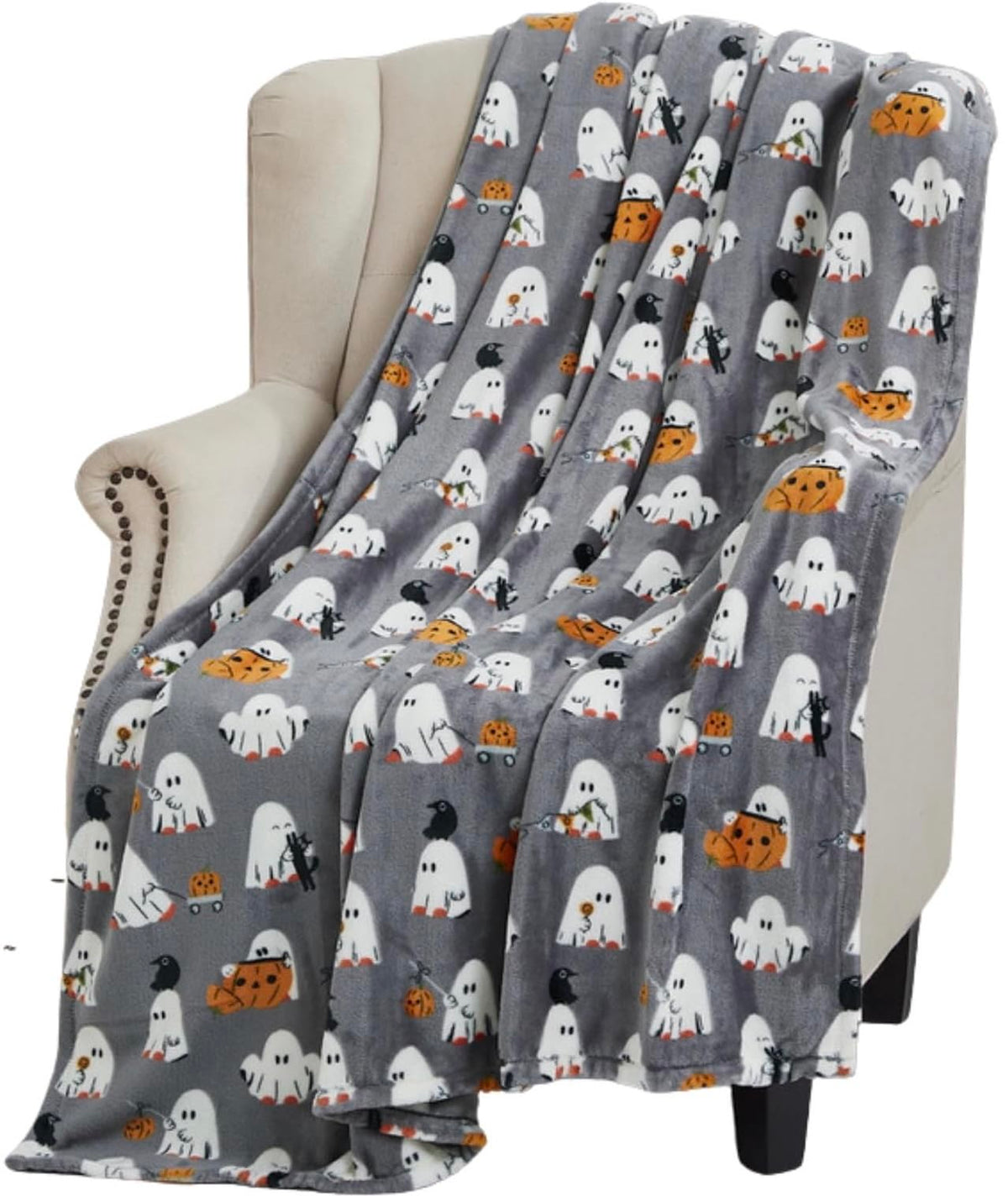 Manta de forro polar de fantasma de Halloween: fiesta de fantasmas de bebé sobre fondo gris, manta de terciopelo de felpa suave para sofá, cama, recámara, 127 x 177 cm