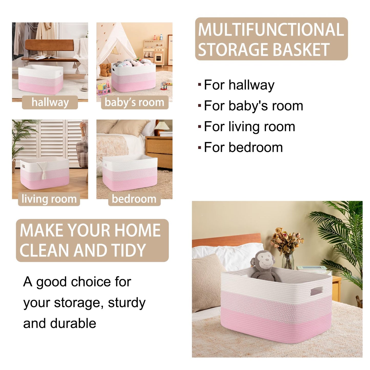 OIAHOMY - Cesta de Manta Grande, 22 X 17 X 12 Pulgadas, Cestas Tejidas Rectangulares para Guardería, Sala de Estar, Almacenamiento de Juguetes con Asa, Cestas Grandes para Organizar, Color Rosa/blanco