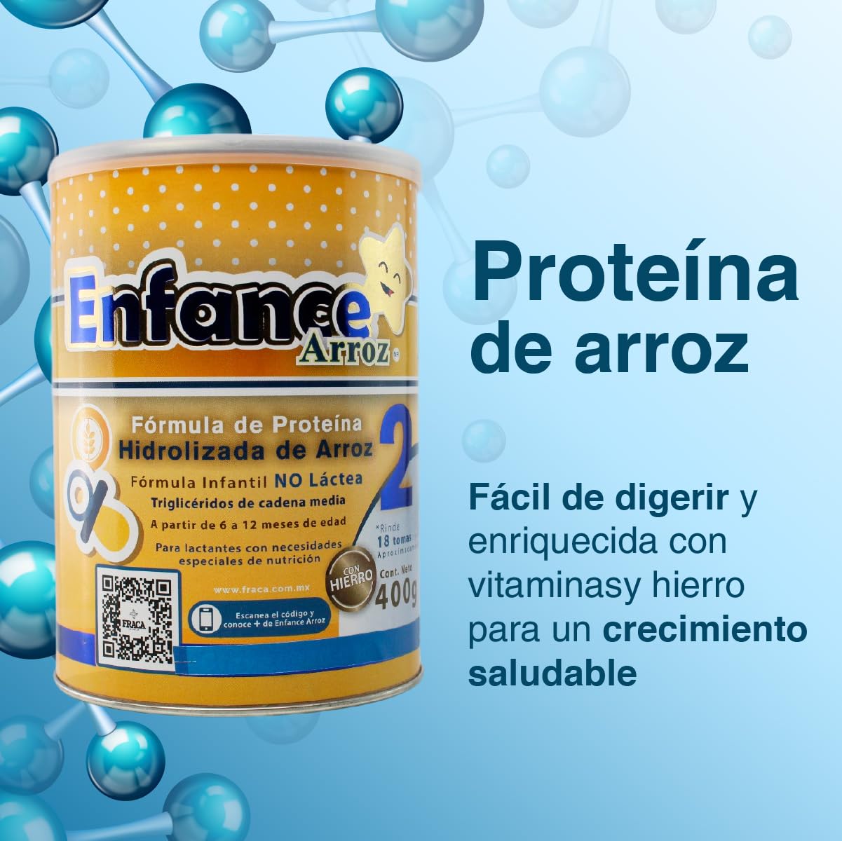 Fraca | Enface Arroz 2 | Fórmula infantil de proteína procesada de arroz | Libre de lactosa | Enriquecida con hierro |Desde 6 a 12 meses | Pack 3 latas 400g c/u