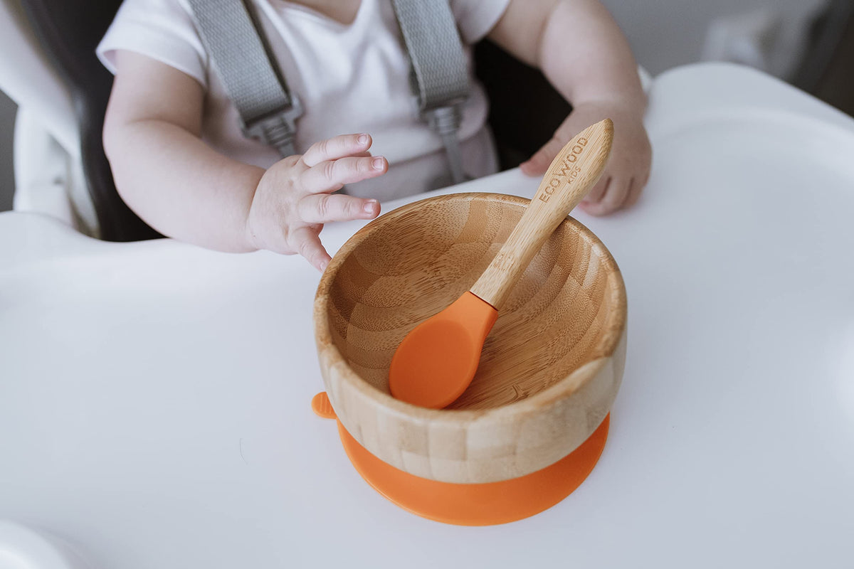 Ecowood® Tazón/Plato Hondo/Bowl de Bambú para Bebe y Niño - Con Base de Silicona Succión Adherente y Antiderrapante (Naranja)
