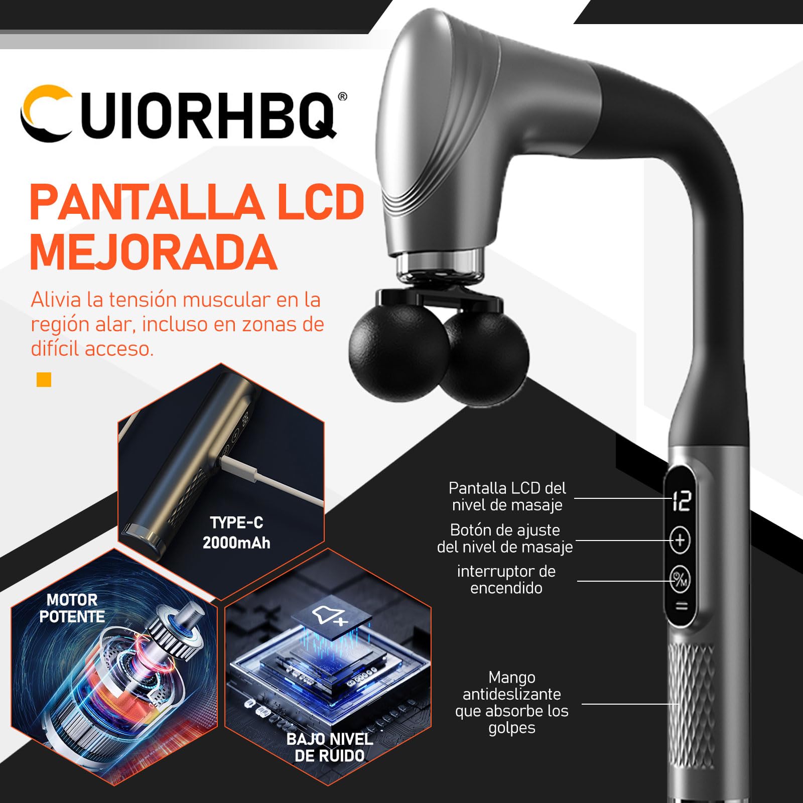 UIORHBQ Pistola de Masaje con Mango Extensión, Massage Gun de Espalda de Doble Bola para Aliviar el Dolor de Tejido Profundo, 5 Cabezales de Masaje y 12 Niveles de Velocidad,para Espalda Cuello Hombro