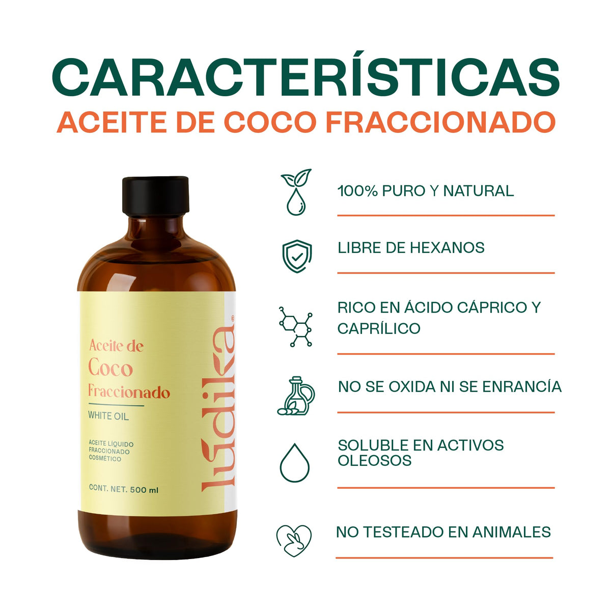 HEBBE Aceite de Coco Fraccionado 500 ml | Absorción Rápida | Hidratante Ligero para Piel y Cabello | Anti Frizz y Brillo