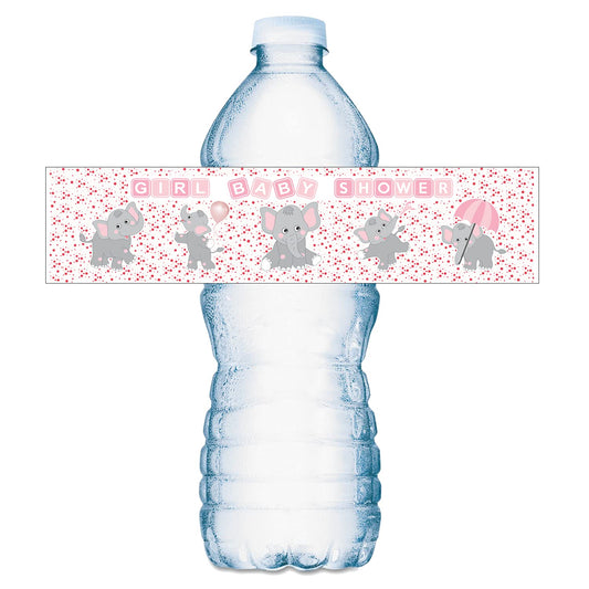 Etiquetas Adhesivas Impermeables Elefantes Rosados para Botellas de Agua de Baby Shower para Niña