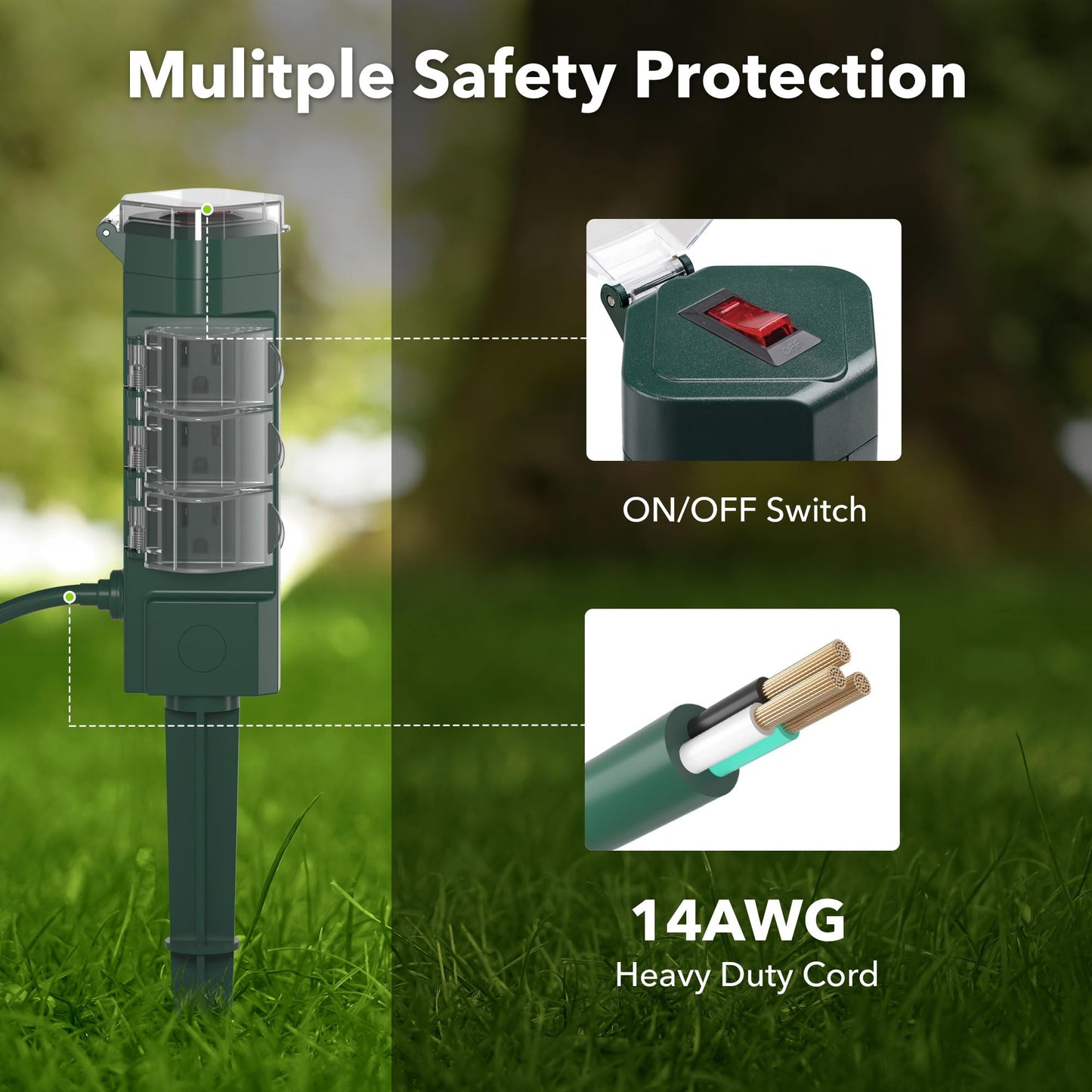 HBN Regleta Exterior con Estaca y Cable de Extensión de 6 pies, Múltiples Tomas con 6 Enchufes a Tierra, Cable Impermeable para Luces de Navidad y Exteriores, Certificación ETL