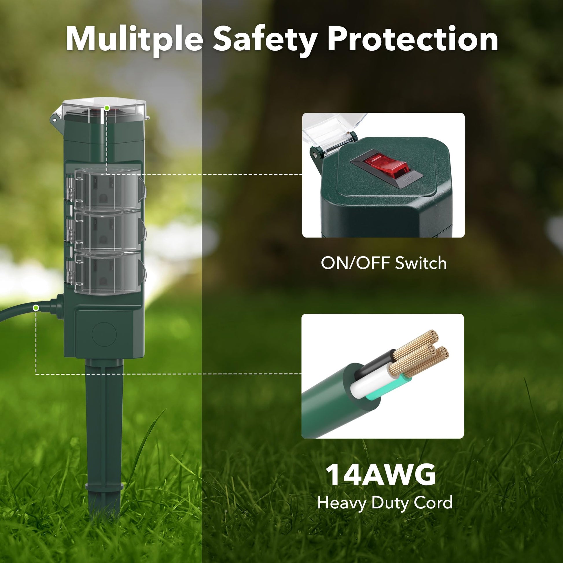 HBN Regleta Exterior con Estaca y Cable de Extensión de 6 pies, Múltiples Tomas con 6 Enchufes a Tierra, Cable Impermeable para Luces de Navidad y Exteriores, Certificación ETL