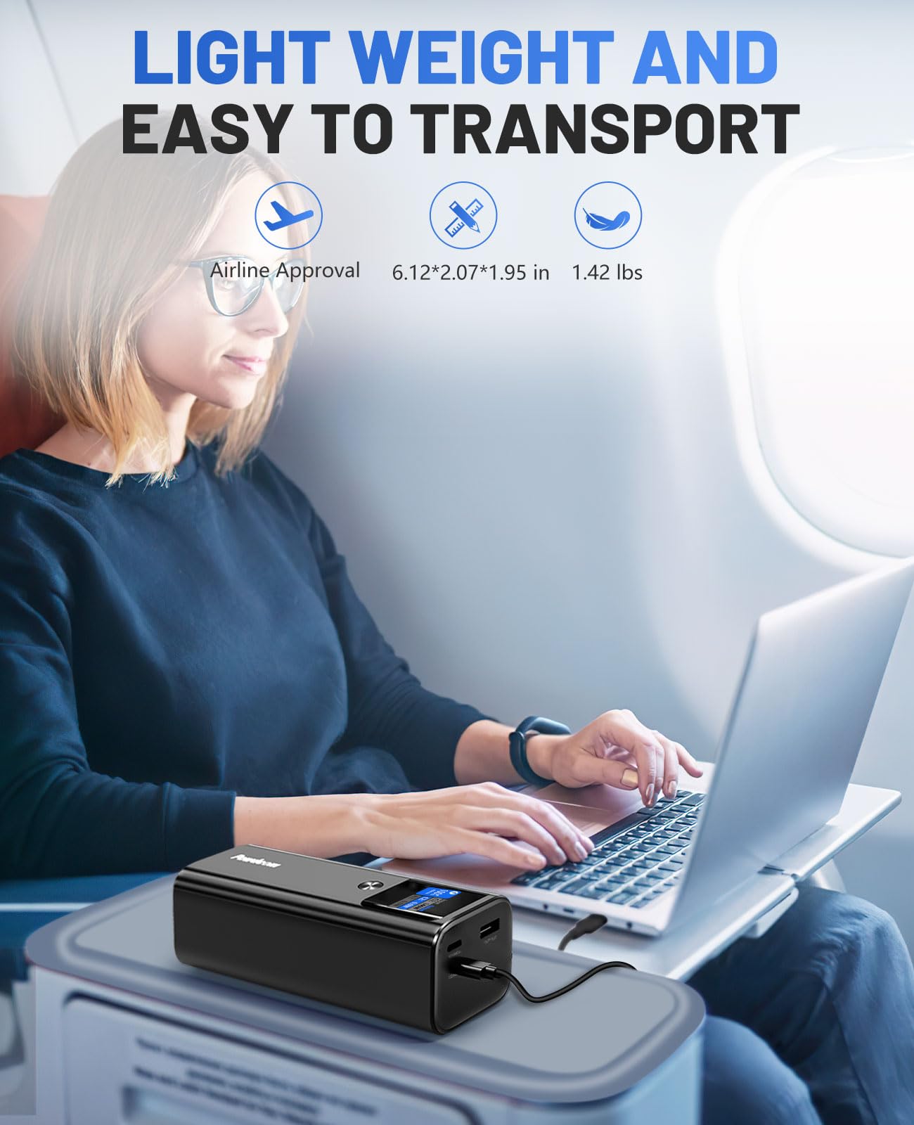 Banco de Energía Powdeom 140 W Negro con Visualización Digital Inteligente y Cargador Portátil de 3 Puertos para iPhone 15/14
