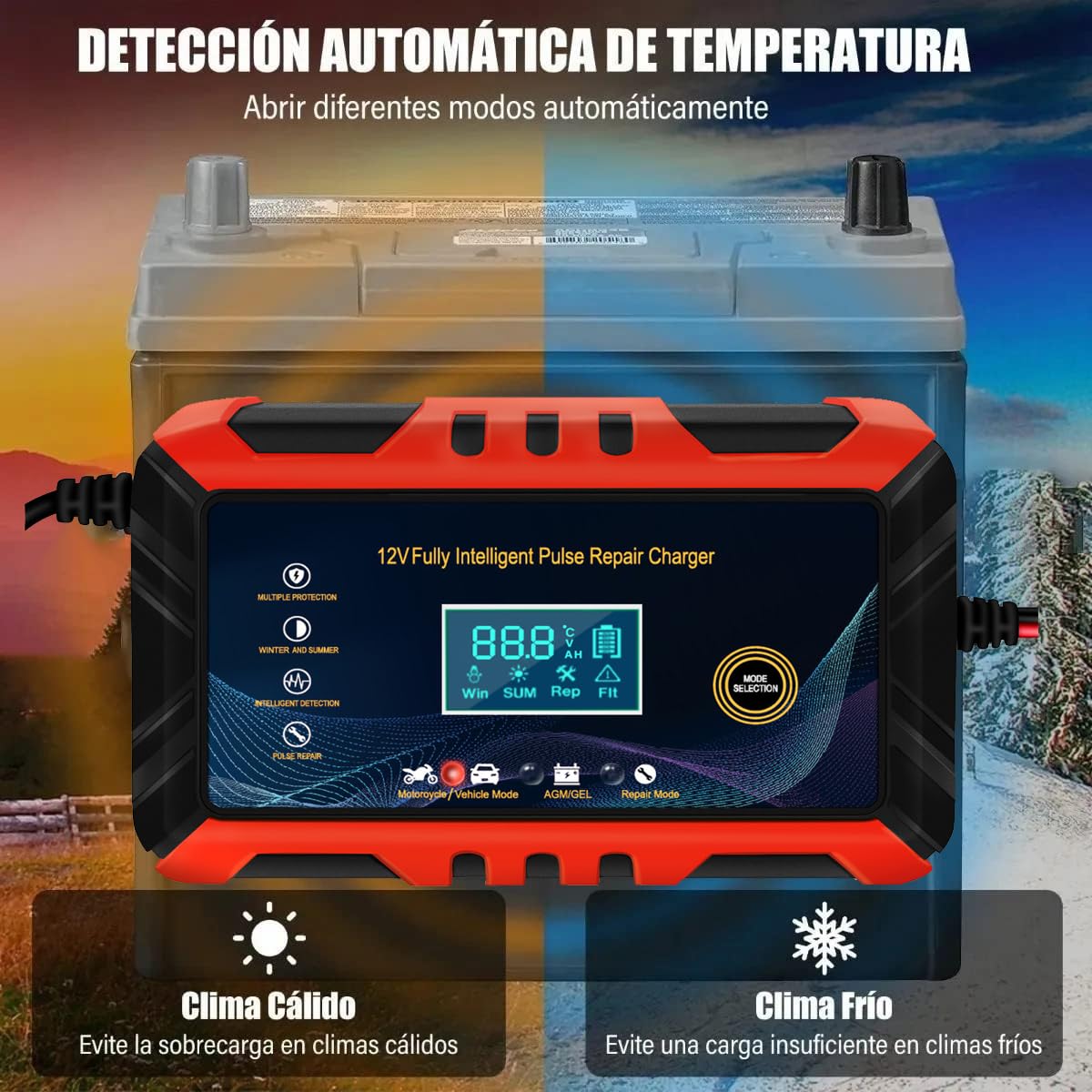 Cargador de Batería Inteligente Automático Qzgyoool 12V 6A con Múltiples Protecciones para Automóviles, Motocicletas, ATVs y Barcos