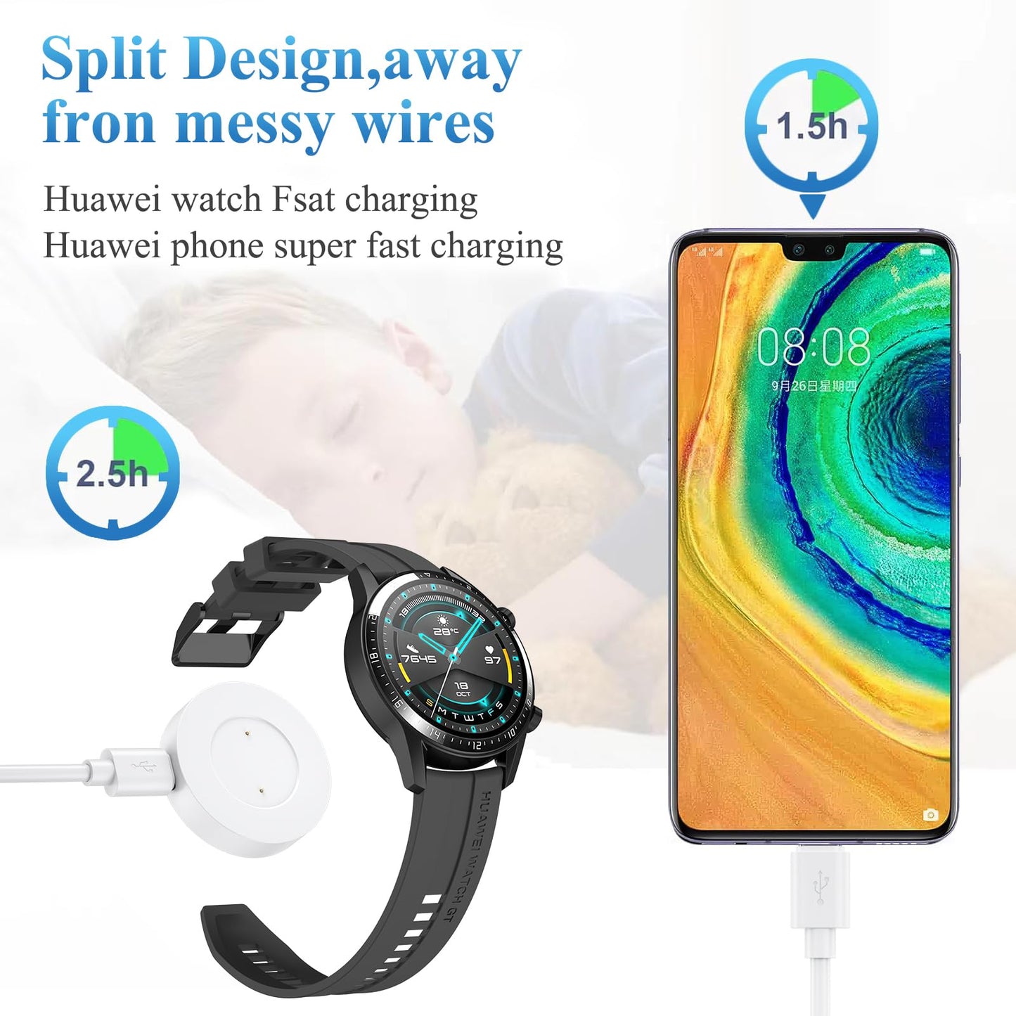 Vancle Cargador para Huawei Watch GT/GT 2/GT 2e, Honor Watch Magic/Magic 2, Honor Watch Dream, Cable de Carga USB 100CM, Blanco