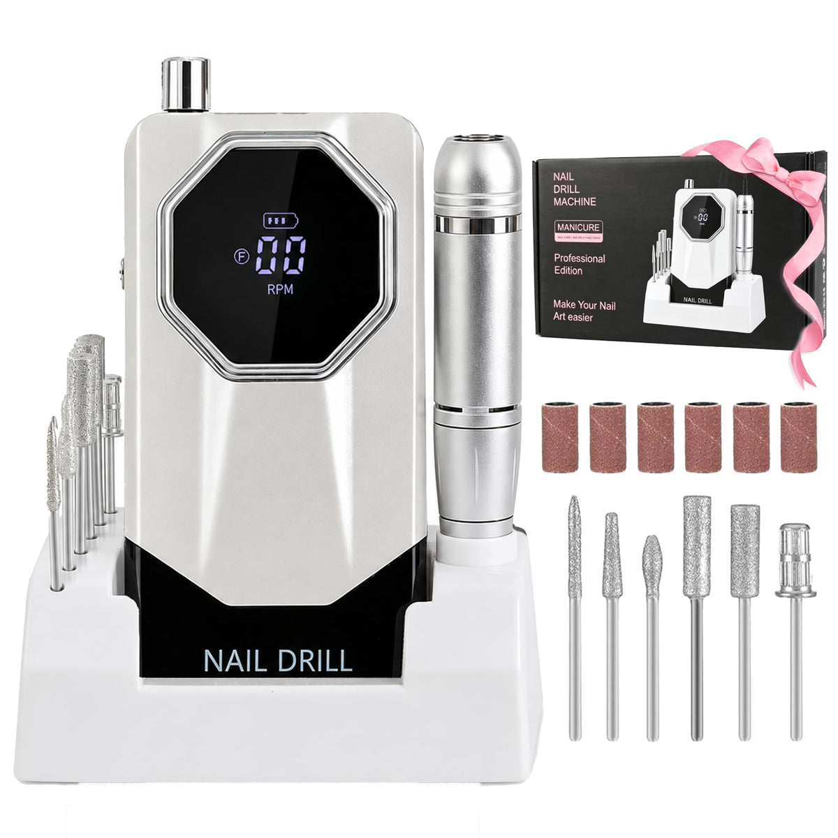 Esmerl para Uñas Eléctrica,Drill para Uñas Profesional 45000 rpm de Velocidad Ajustable con base de soporte,6 Drill Multifunción,Drill para Uñas Profesional de bajo ruido para uso doméstico y salón.