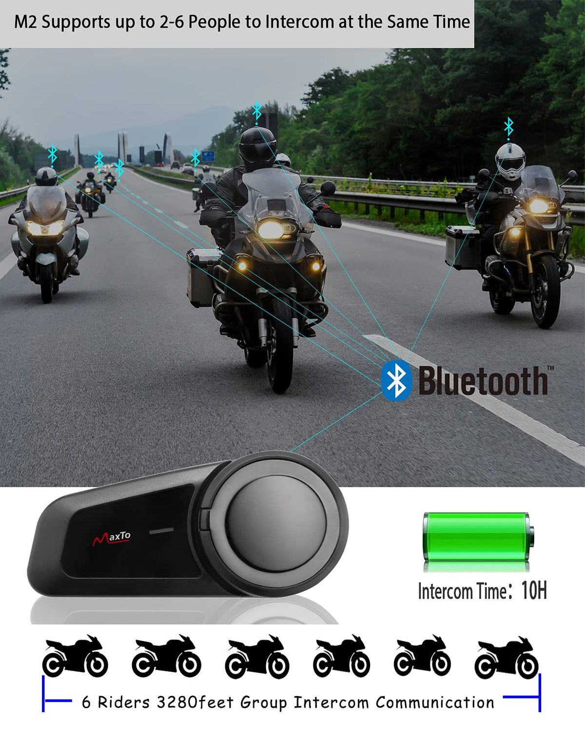 Auriculares Bluetooth MaxTo M2 Negro Impermeables con Intercomunicador para Motocicleta