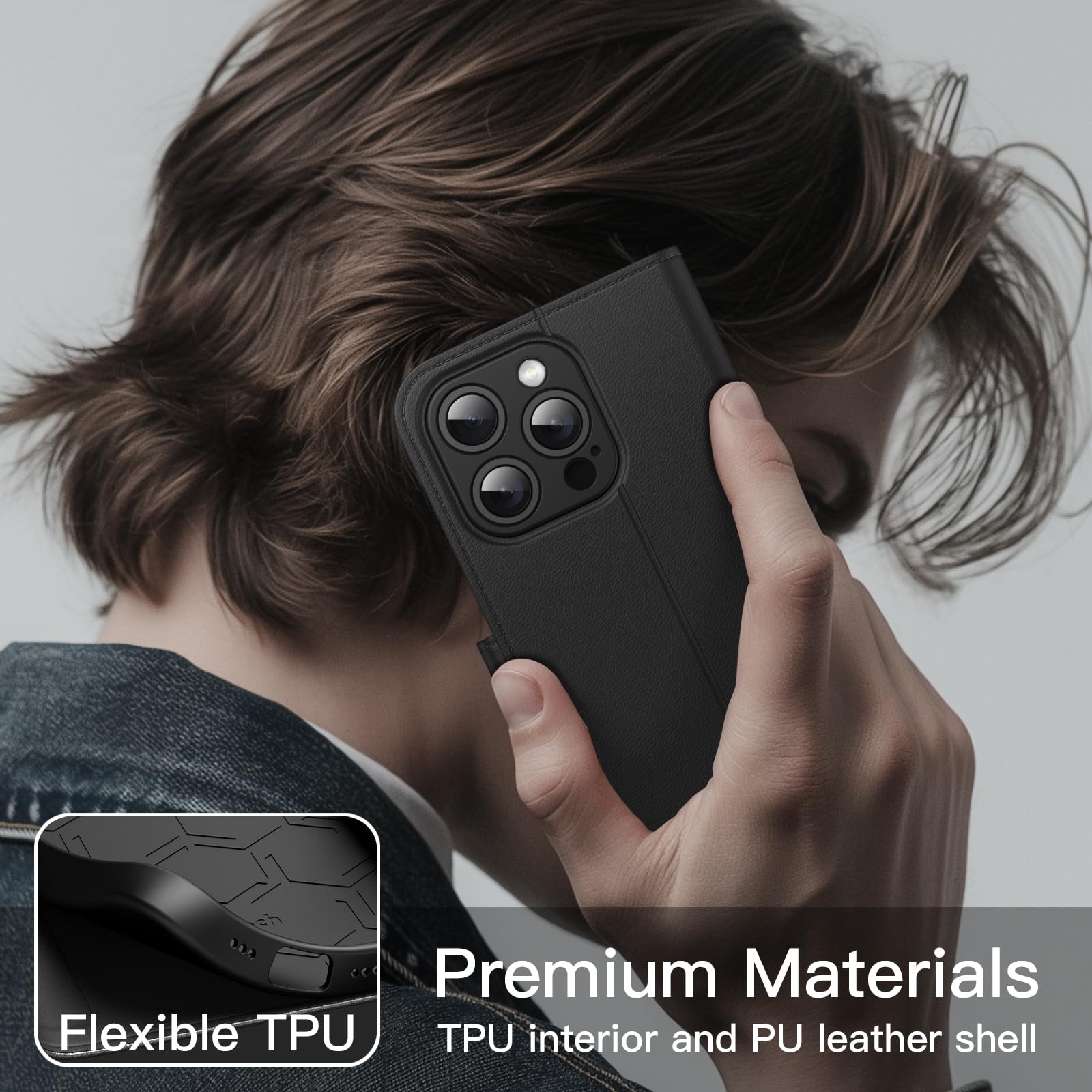 JETech Funda Billetera para iPhone 15 Pro MAX 6.7 Pulgadas, Carcasa Flip Magnética de Cuero PU Antigolpes con Tarjetero, Función de Soporte y Protección Completa Cámara (Titanio Negro)