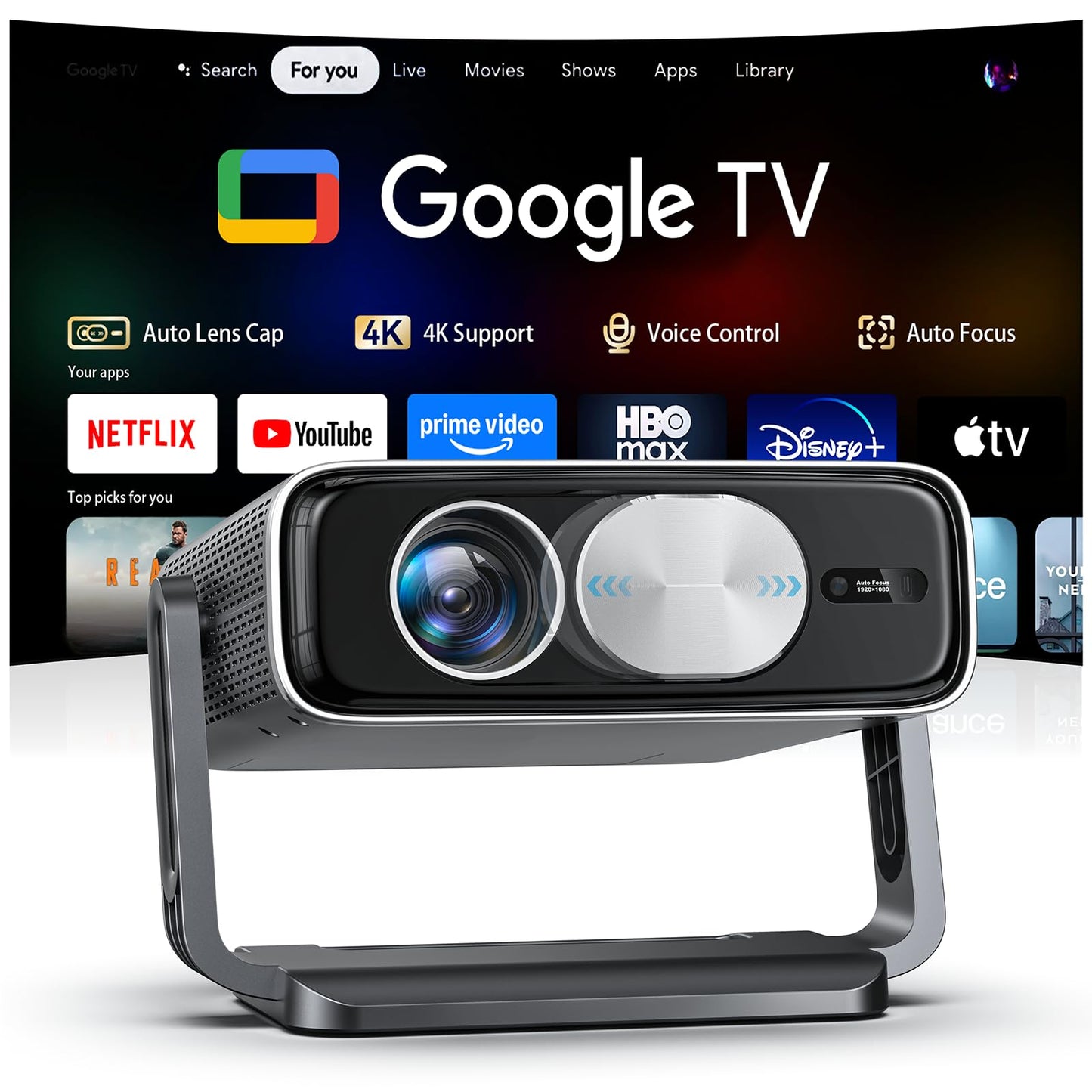 Proyector inteligente 4K [incluido con Google TV Stick]con WiFi y Bluetooth, 2500ANSI, tapa de lente automática, proyector portátil de películas para exteriores con aplicaciones incorporadas, enfoque