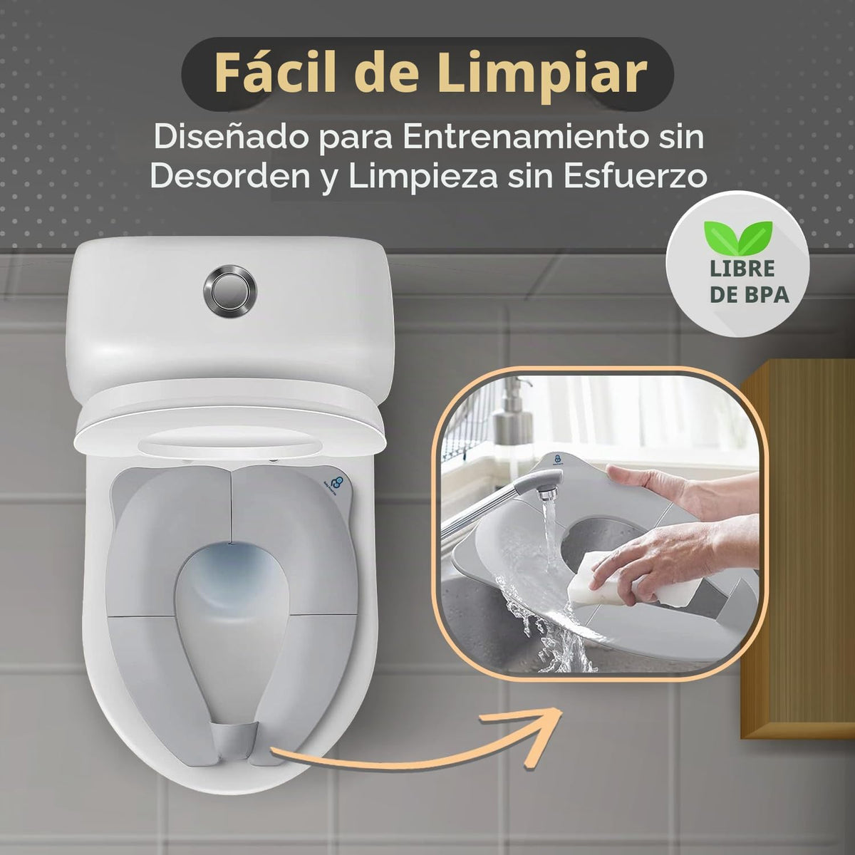 Baby Proof Me Essentials - Asiento de Inodoro para Niños con Protector Contra Salpicaduras, Plegable y Portátil con Bolsa, Asiento de Entrenamiento Antideslizante para Orinal de Viaje (Gris)