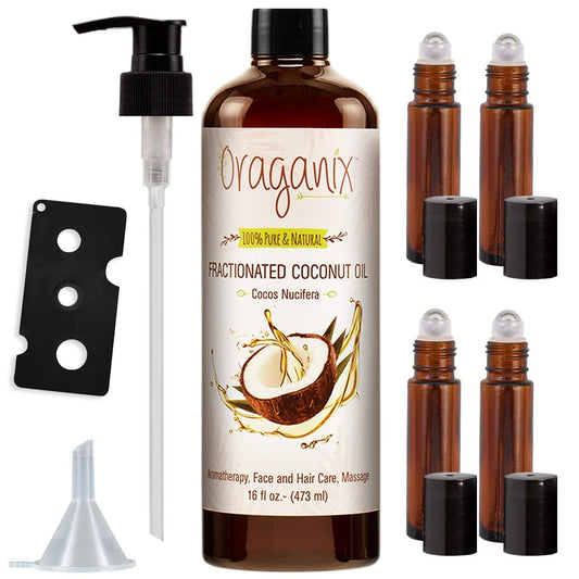 Oraganix Fractionated Coconut Oil with Roller Bottles - 100% Pure Natural 16 Oz Coconut Oil, 2ml Essential Oil Roller Bottles, Caps, Funnel and Bottle Opener - for Massage Oil, Skin and Hair Care