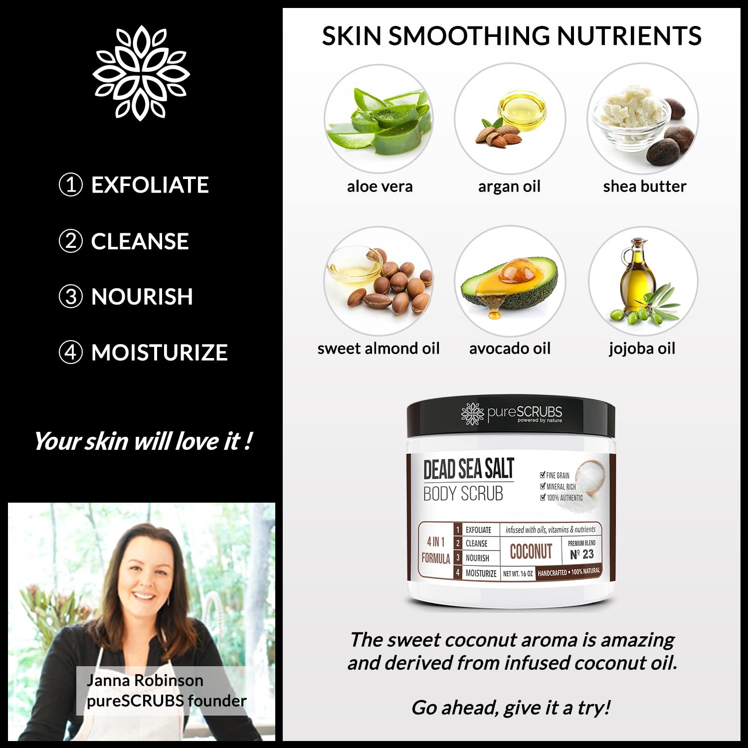 Exfoliante Corporal pureSCRUBS Cocos con Sales del Mar Muerto y Aceites Orgánicos para Mujer