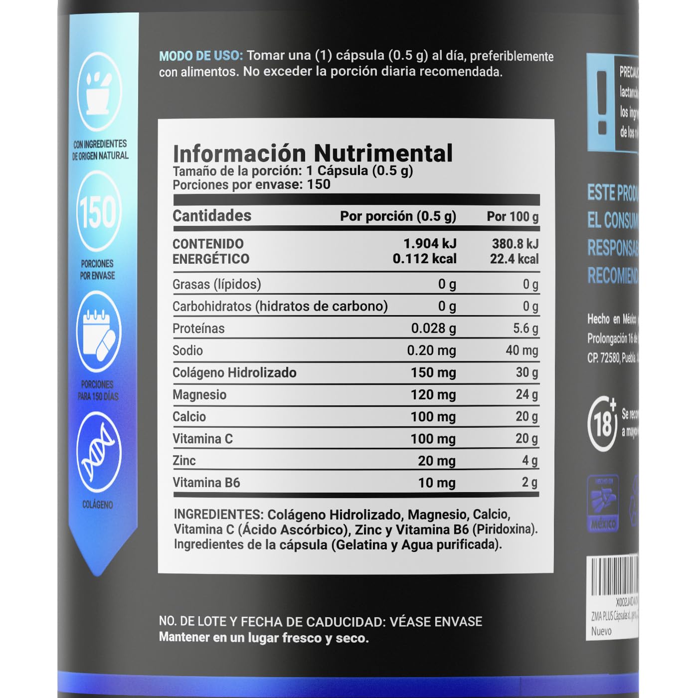Cápsulas Mezcla ZMA B Life con Zinc, Magnesio y Vitamina C en Ingredientes Naturales