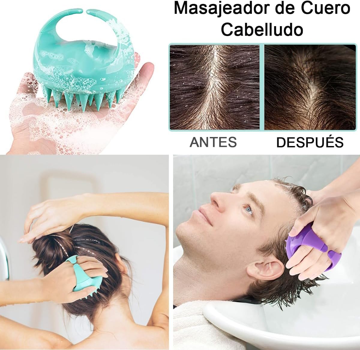 Masajeador de Cuero Cabelludo VERALY.MX Negro con Cerdas de Silicona para Crecimiento del Cabello y Eliminación de Caspa en Seco y Húmedo