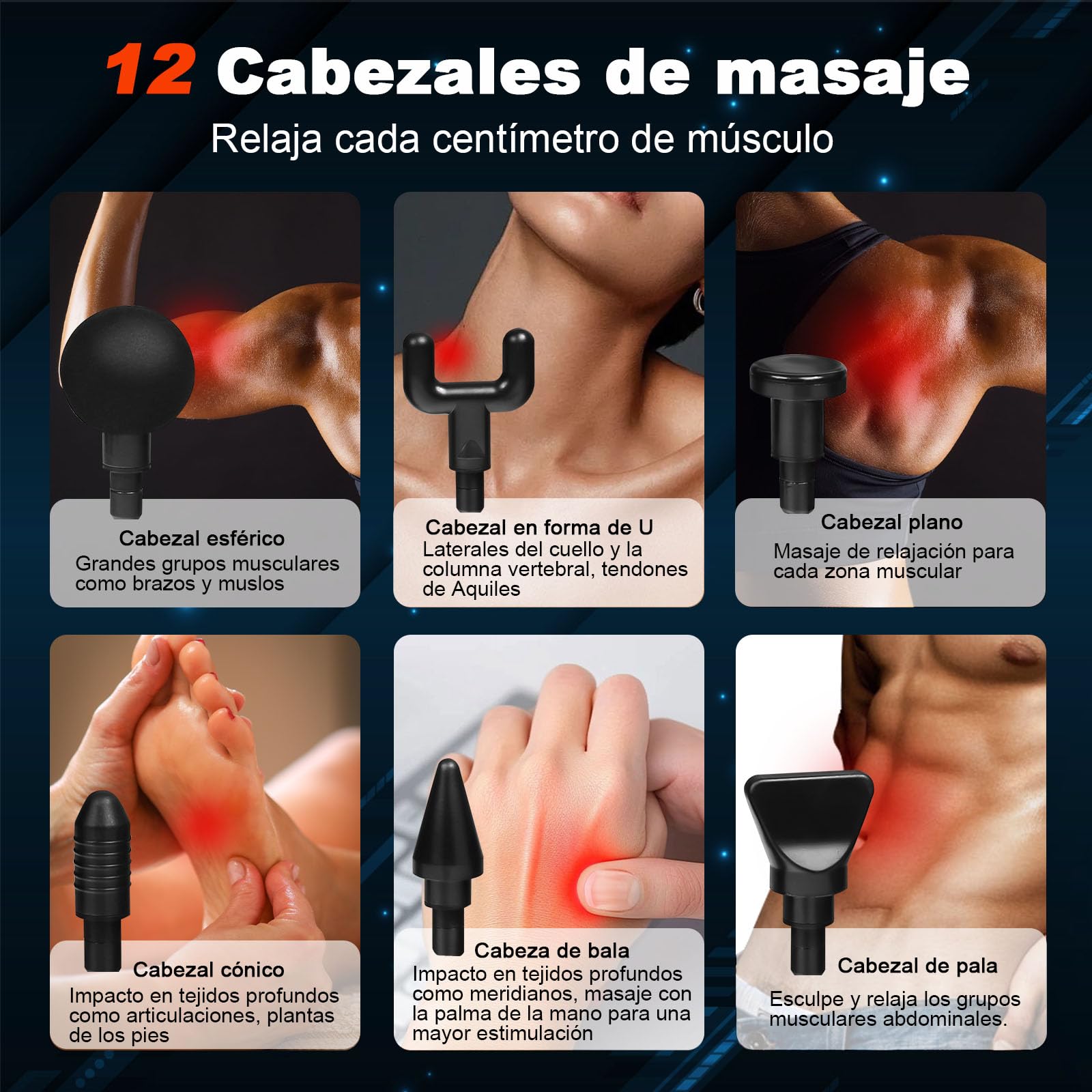 BJLBOJEY Pistola de masaje muscular, masajeador eléctrico mano con 12 cabezales masaje y 32 velocidades ajustables (Plata)