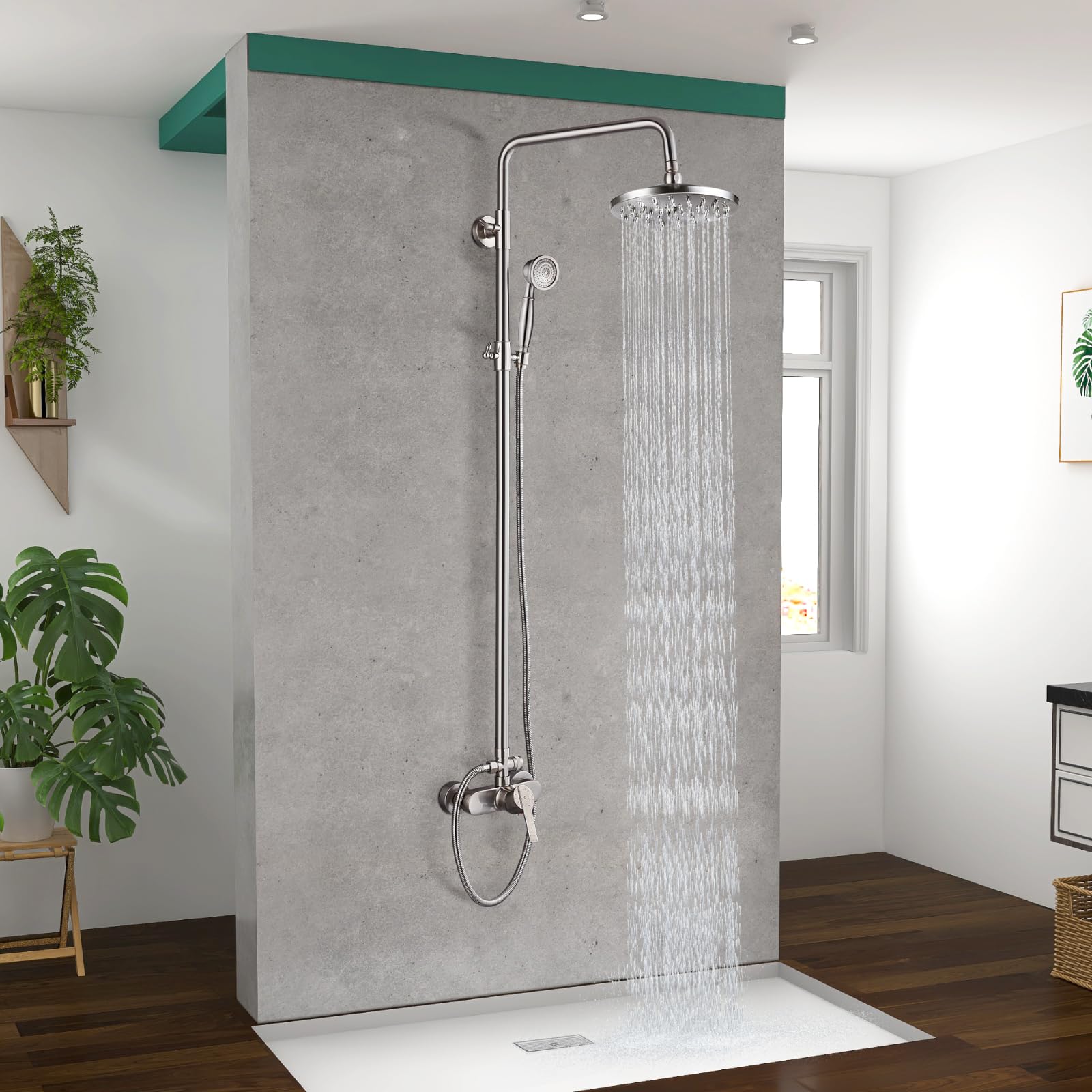 Heyalan - Sistema de ducha de tubo expuesto, níquel cepillado de 8 pulgadas, cabezal de ducha de lluvia, juego combinado de accesorios de latón de una sola manija con pulverizador de mano, barra