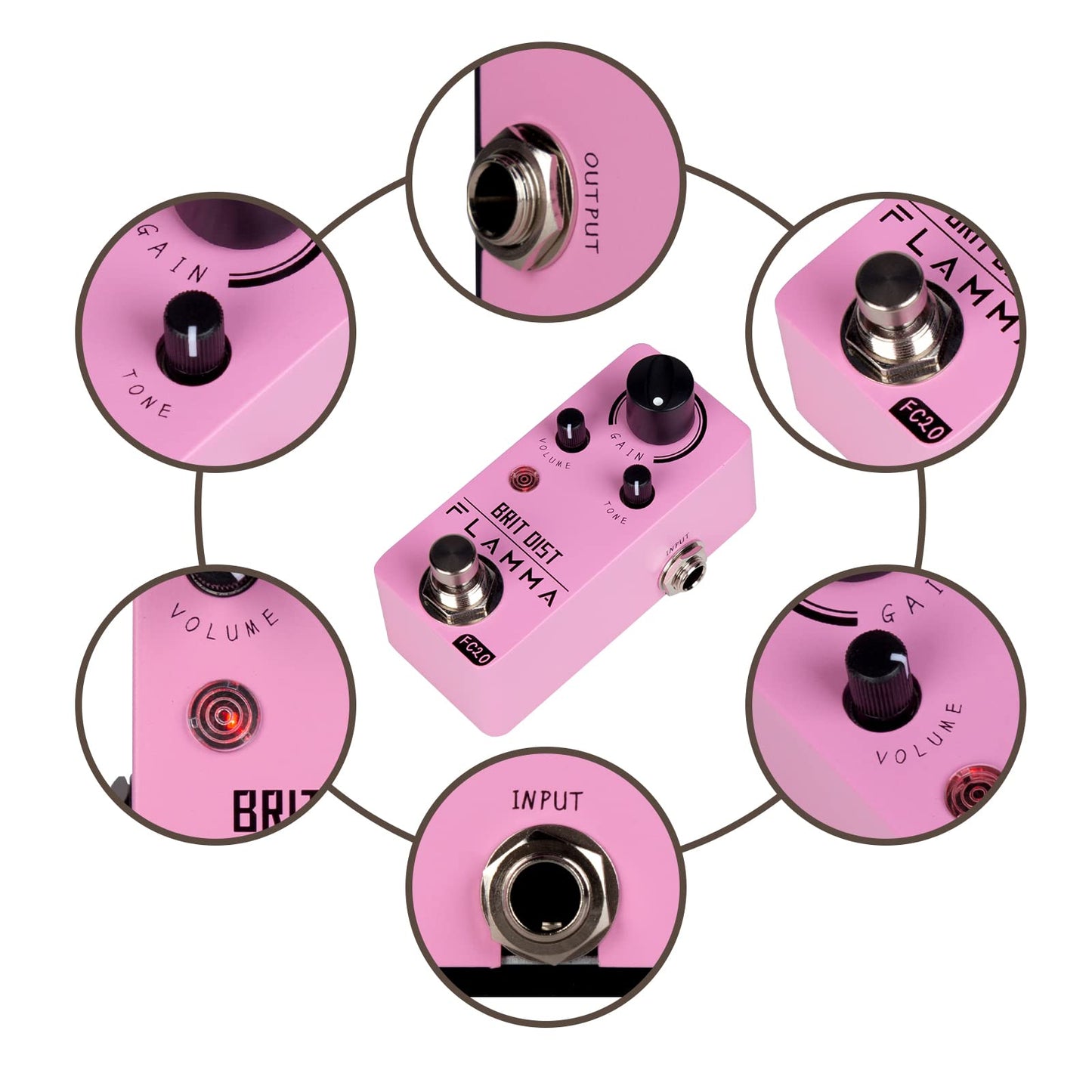 Pedal de Distorsión Flamma FC20 Alta Ganancia y Control Ajustable para Guitarra Eléctrica