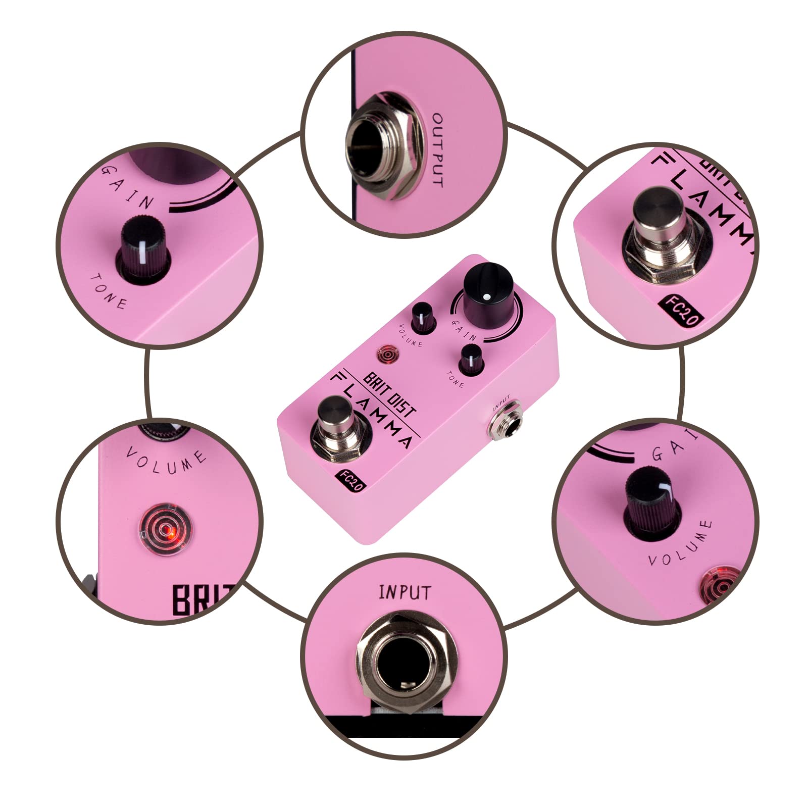 Pedal de Distorsión Flamma FC20 Alta Ganancia y Control Ajustable para Guitarra Eléctrica