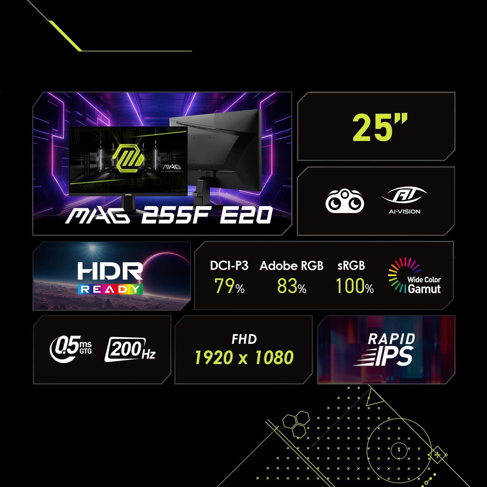 MSI mag 255F E20 25 Pulgadas 1920 x 1080 (FHD), Monitor para Juegos, 200Hz, sincronización adaptativa, HDMI, DisplayPort, Montaje VESA, inclinación, Altura Ajustable, Altavoz, 0,5 ms, Negro