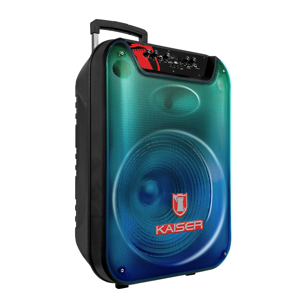 Bocina Profesional de 15 Pulgadas con Luz Flama Frontal Recargable, 35W RMS, Bluetooth, FM, USB, Micro SD, Aux, Micrófono Alámbrico y Ruedas para fácil transportación y manija retráctil KSW-3515