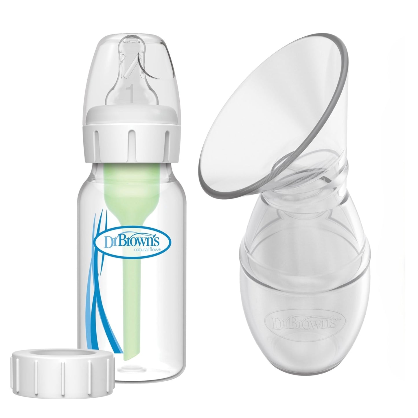 Dr. Brown's - Extractor de leche materna 100% silicona de una pieza, colector manos libres de leche materna con opciones anticólicos + biberón (4 onzas/120 ml), pezón nivel 1, tapa de viaje y bolsa de