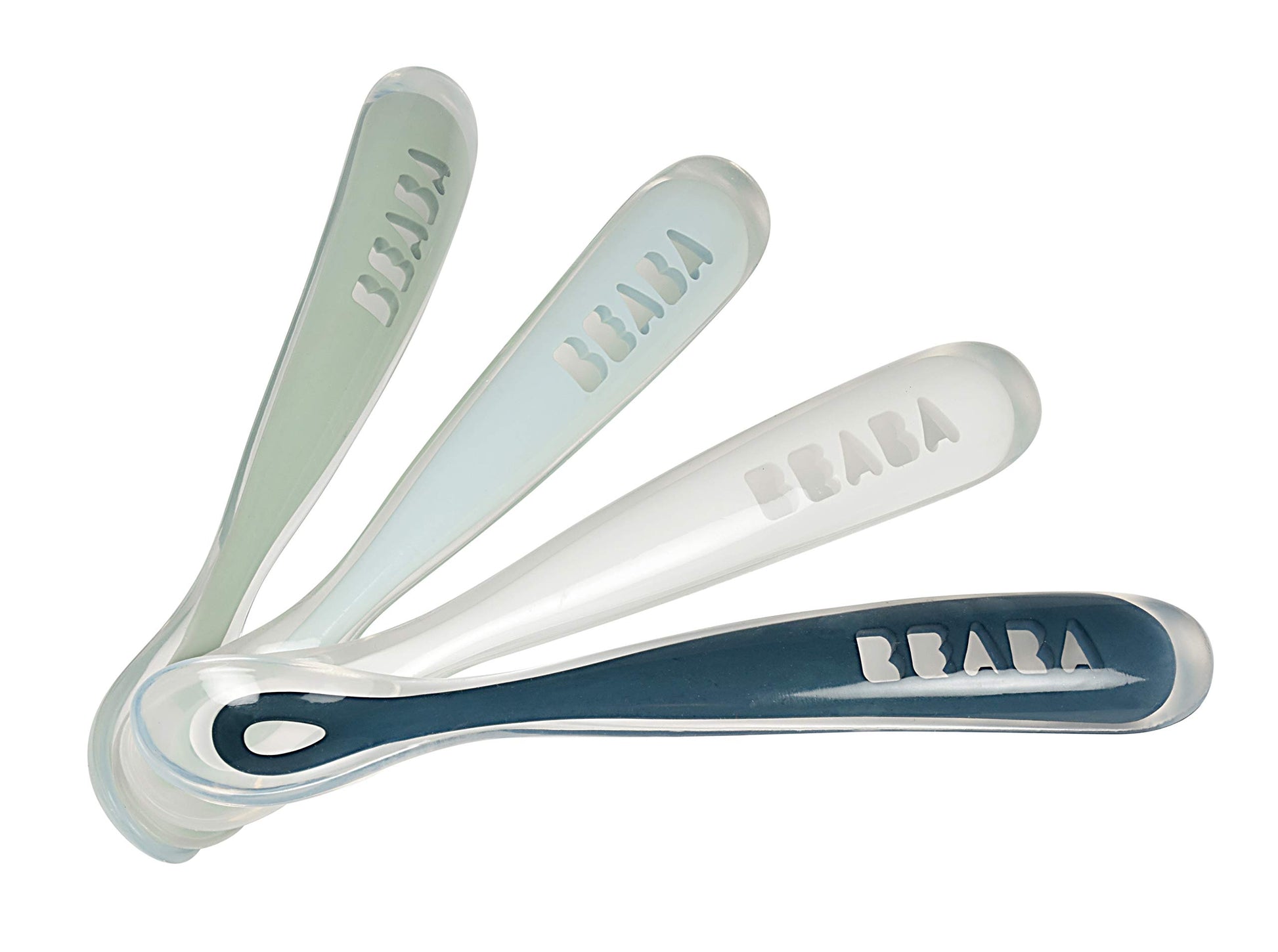 BEABA Juego de cucharas de alimentación para bebés de primera etapa, las cucharas de silicona de punta suave originales para bebés, sin ftalato de plomo BPA y sin plástico, gran juego de regalo (paquete de 4), lluvia