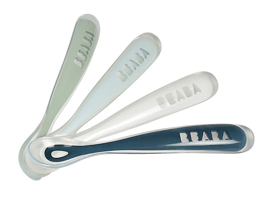 BEABA Juego de cucharas de alimentación para bebés de primera etapa, las cucharas de silicona de punta suave originales para bebés, sin ftalato de plomo BPA y sin plástico, gran juego de regalo (paquete de 4), lluvia