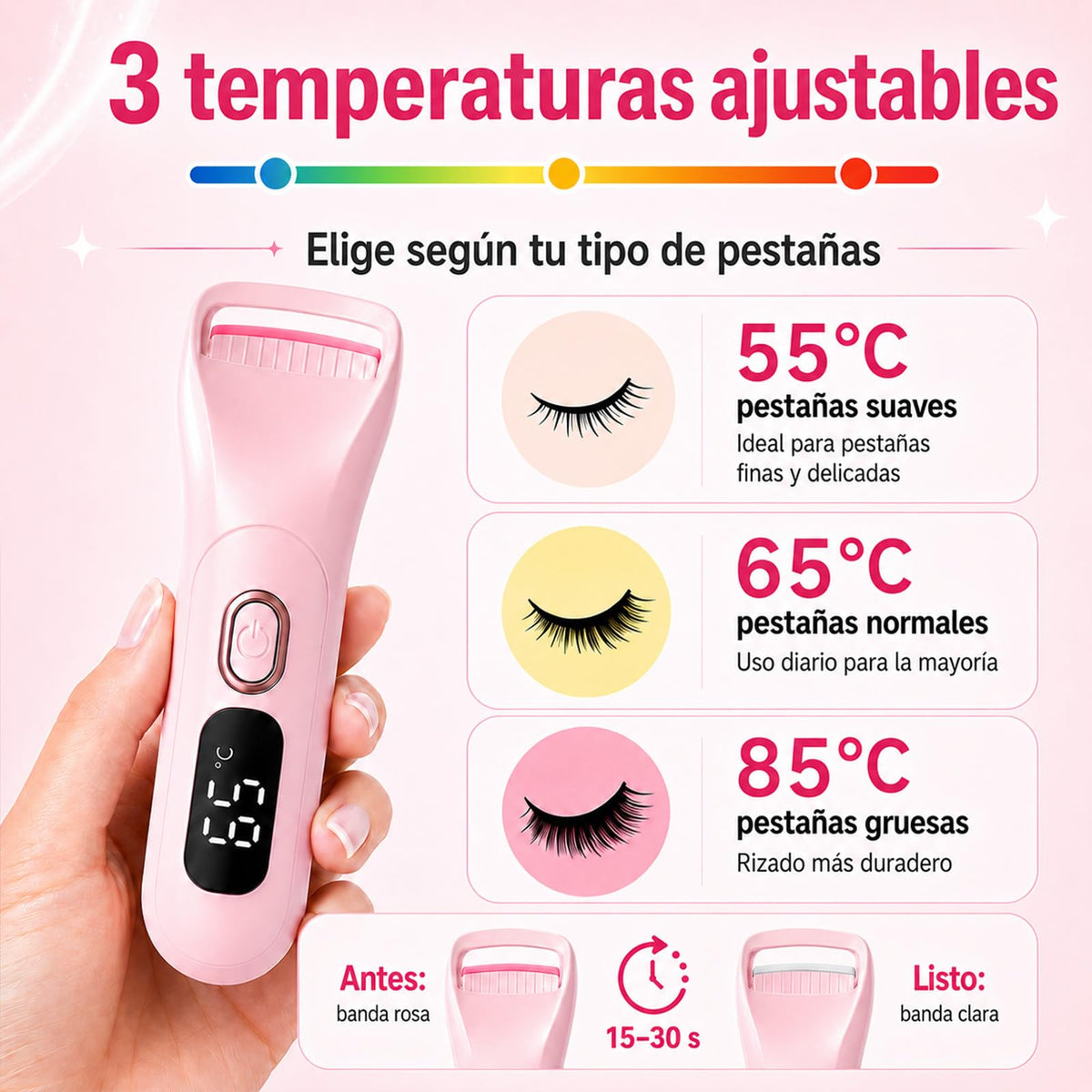 Rizador de pestañas calentado, mini rizador eléctrico de pestañas calentado portátil de tamaño de viaje (Rosa)