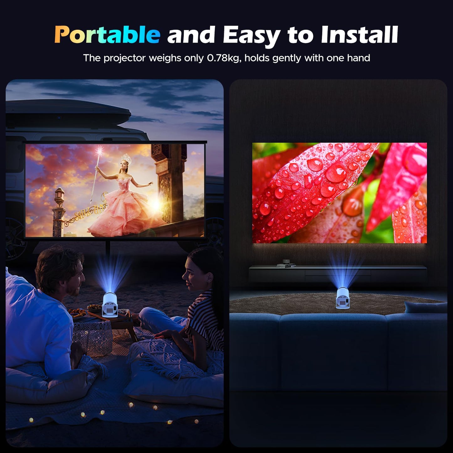 Mini proyector WiFi con Bluetooth, soporte Full HD 4K, proyector portátil inteligente Android 11.0, rotación de 270°, corrección automática vertical Keystone