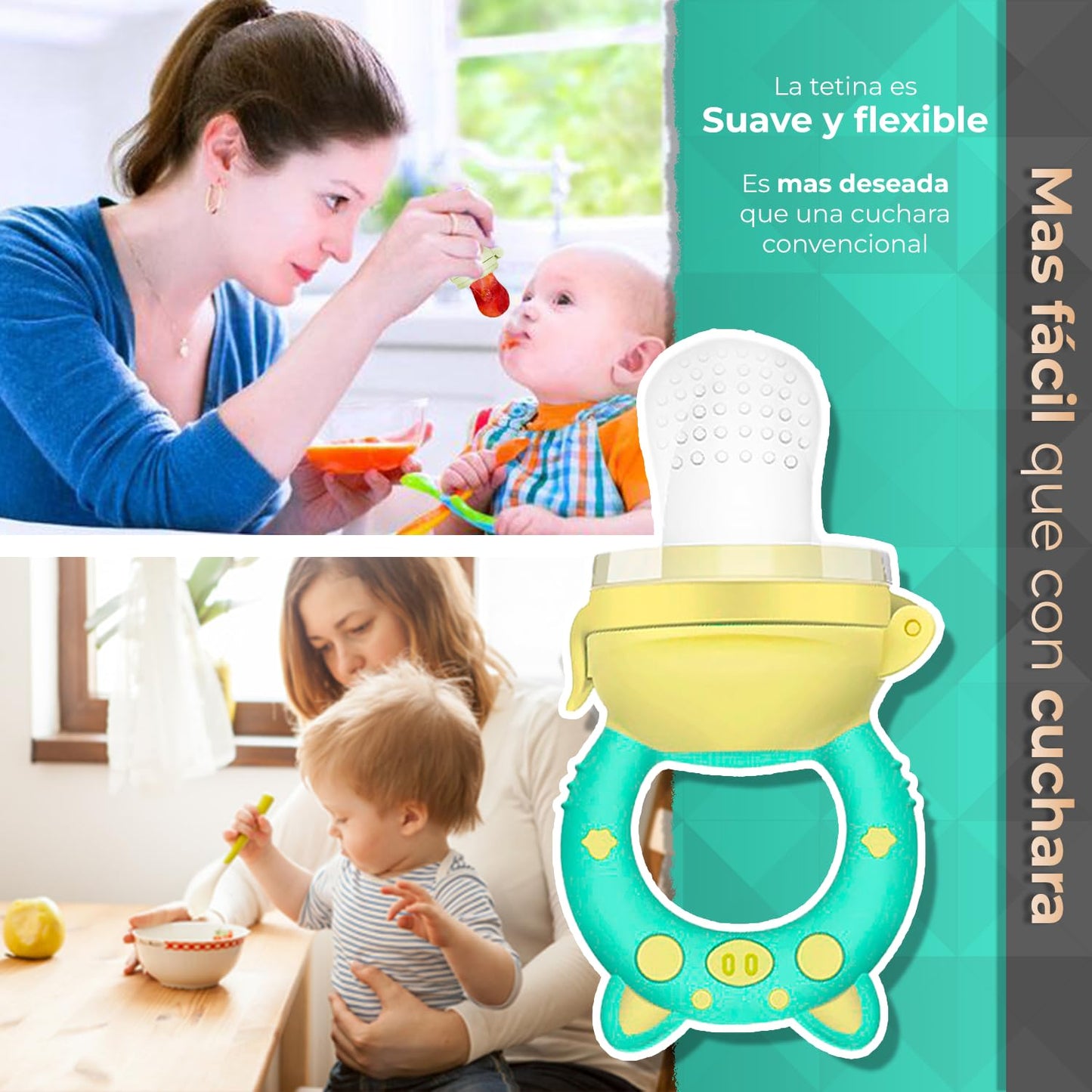 Chupones/Chupetes Ergonómicos para Frutas, Papillas y Cereales con Seguro y Tapa Protectora Libre de BPA, Dibujos Animados, Unisex de 4m+ (Pig Verde Amarillo)