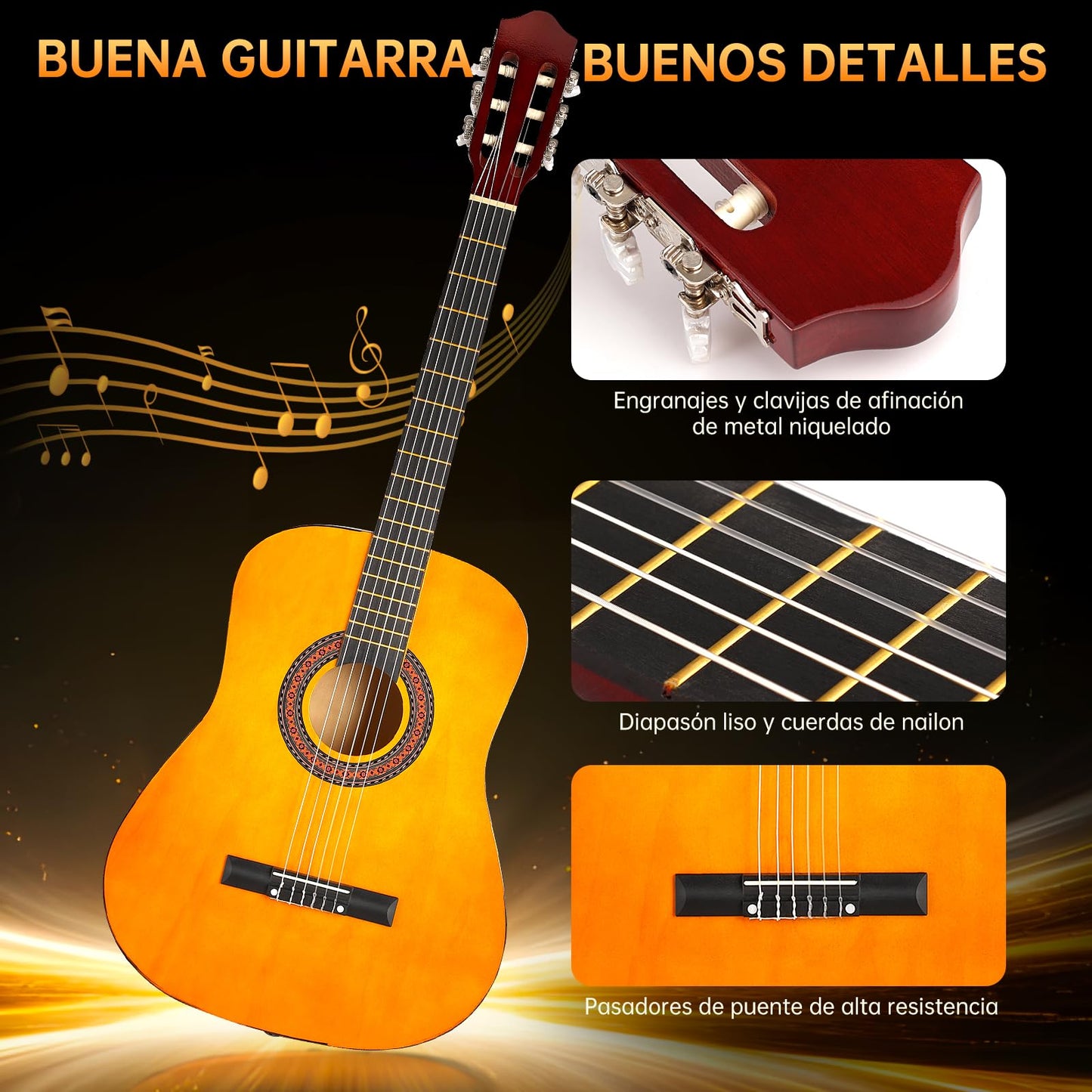 Guitarra Clasica 38 Pulgadas, Guitarra Acústica Bamboo, con Funda, Kit de Accesorios Incluido, para principiantes, Naranja