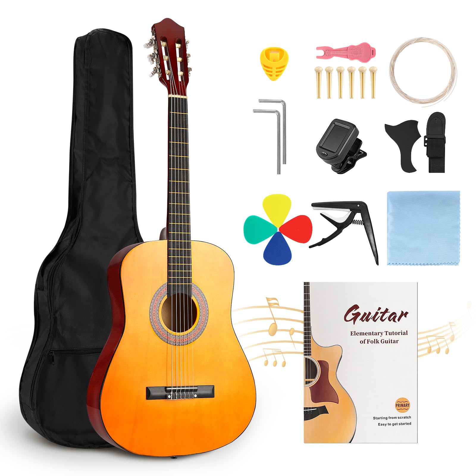 Guitarra Clasica 38 Pulgadas, Guitarra Acústica Bamboo, con Funda, Kit de Accesorios Incluido, para principiantes, Naranja